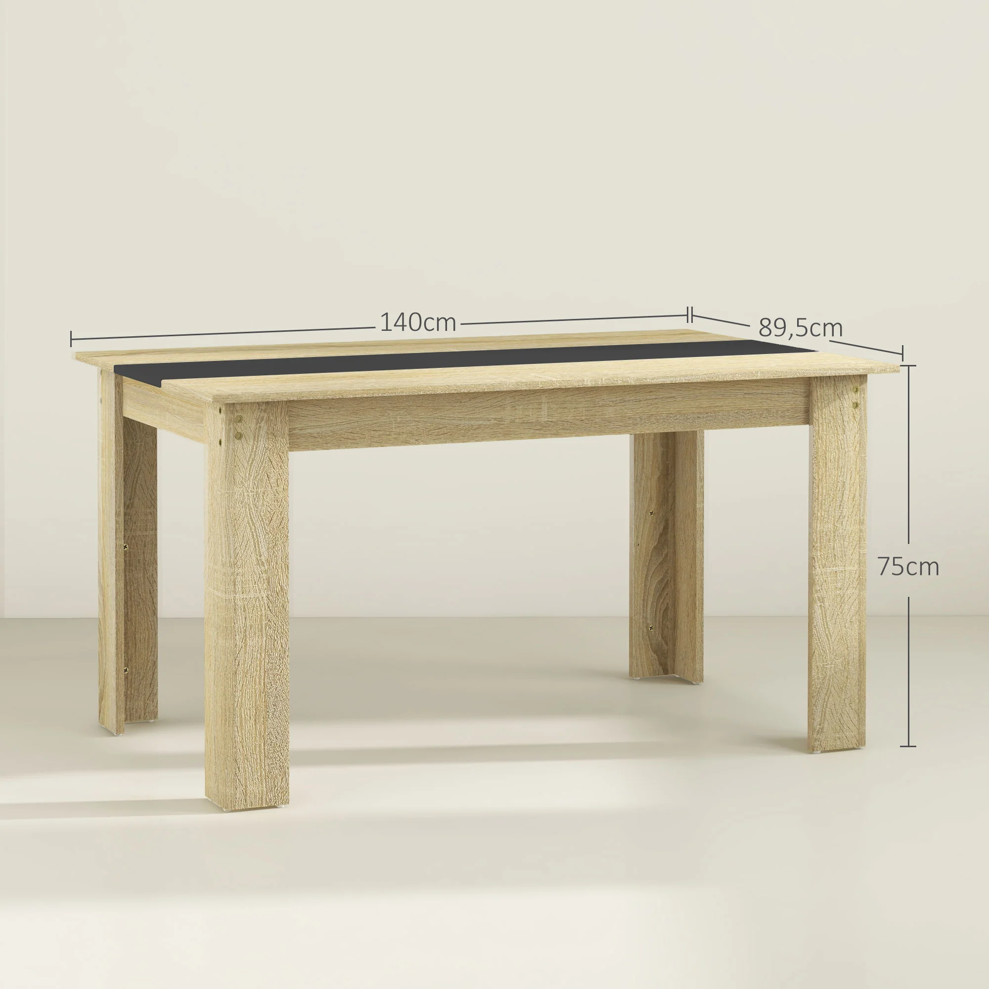Table de salle à manger table de cuisine pour 6 personnes, style scandinave en bois aspect naturel et noir, dim. 140L x 90l x 75H cm - Image 4