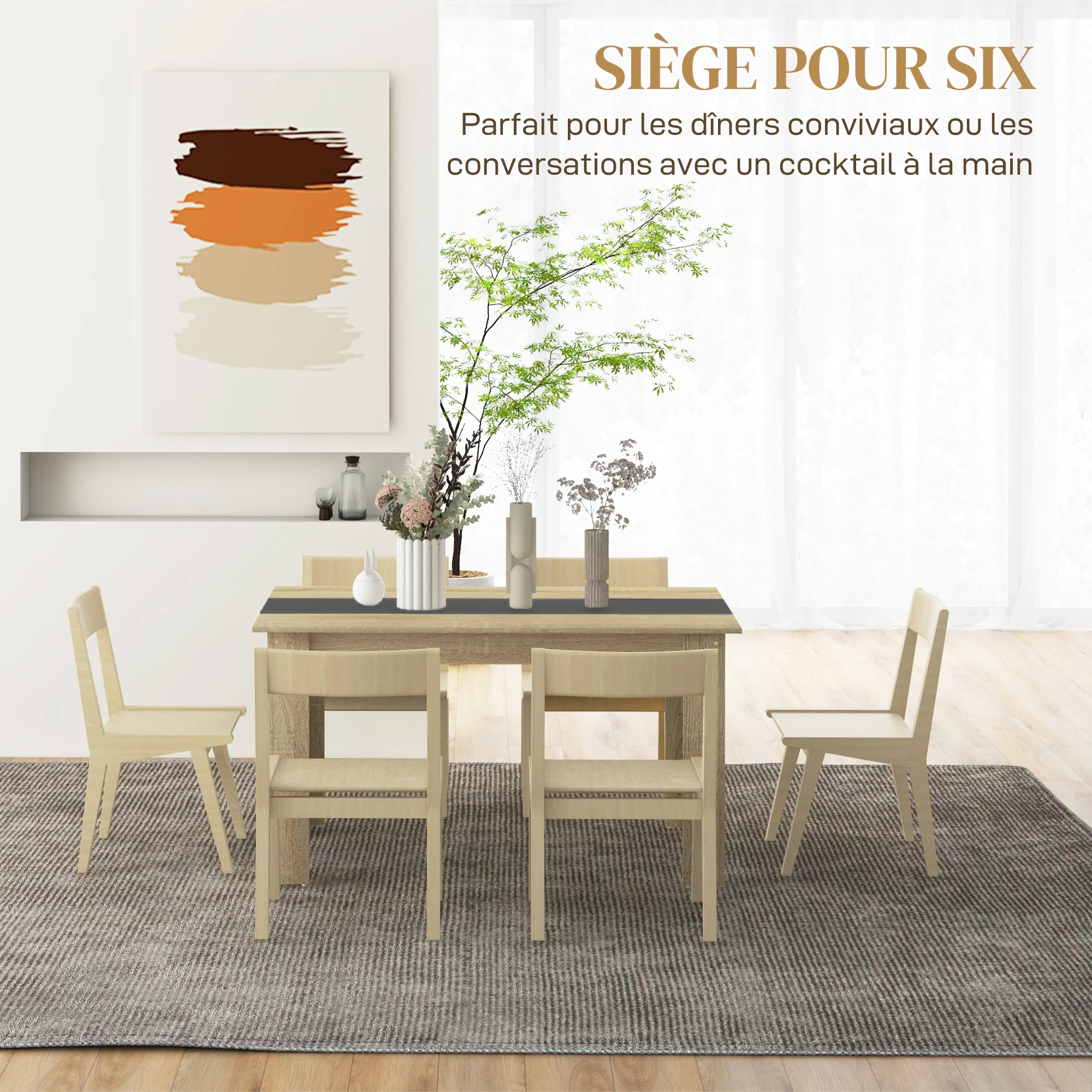 Table de salle à manger table de cuisine pour 6 personnes, style scandinave en bois aspect naturel et noir, dim. 140L x 90l x 75H cm - Image 5