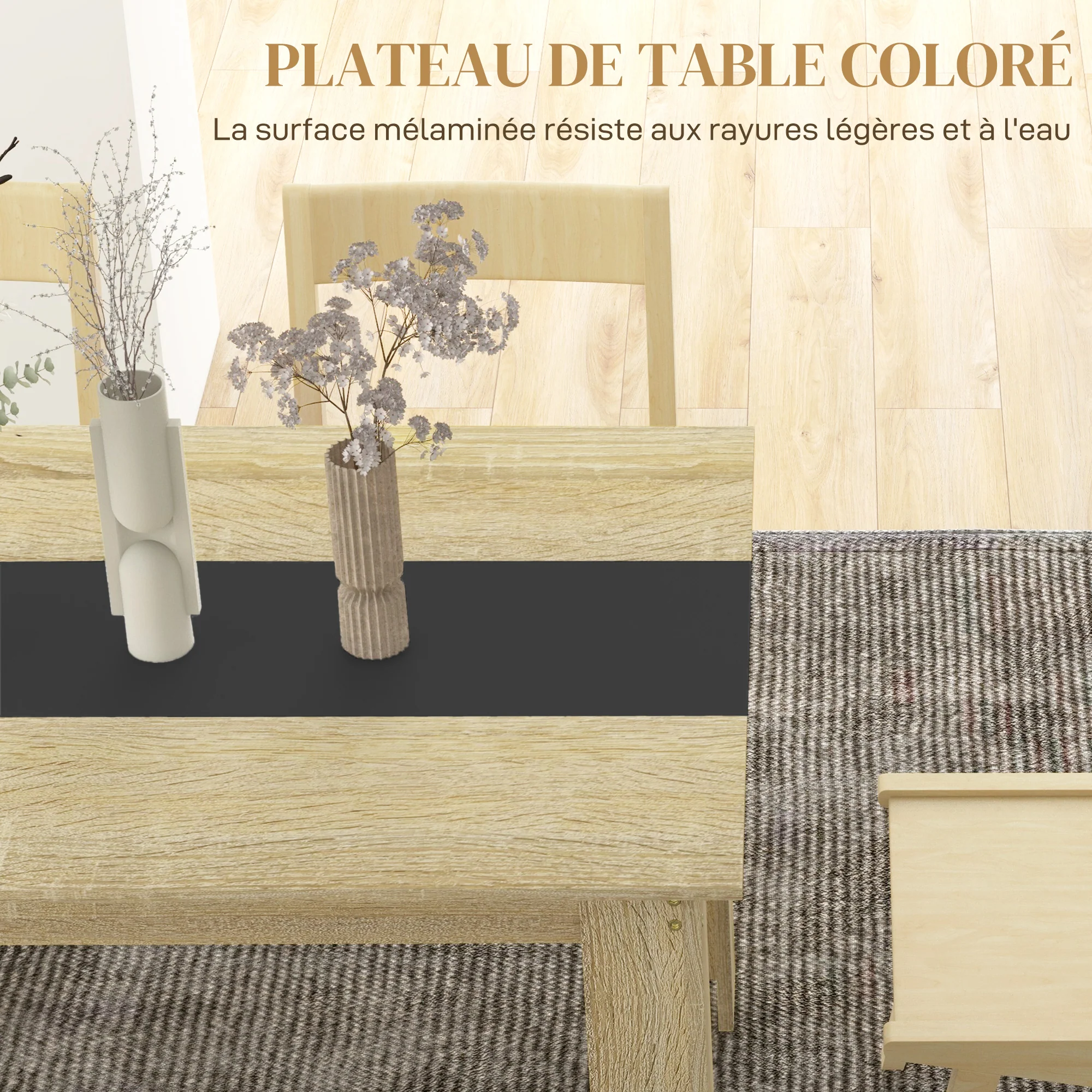 Table de salle à manger table de cuisine pour 6 personnes, style scandinave en bois aspect naturel et noir, dim. 140L x 90l x 75H cm - Image 6
