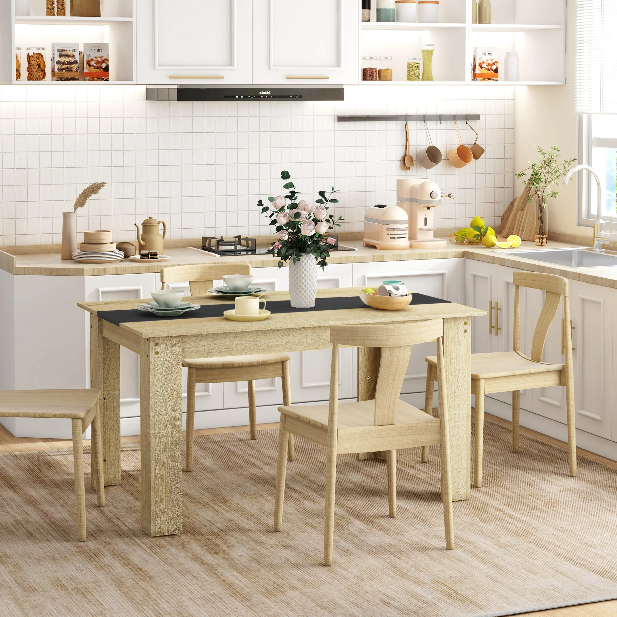 Table de salle à manger table de cuisine pour 6 personnes, style scandinave en bois aspect naturel et noir, dim. 140L x 90l x 75H cm - Image 8