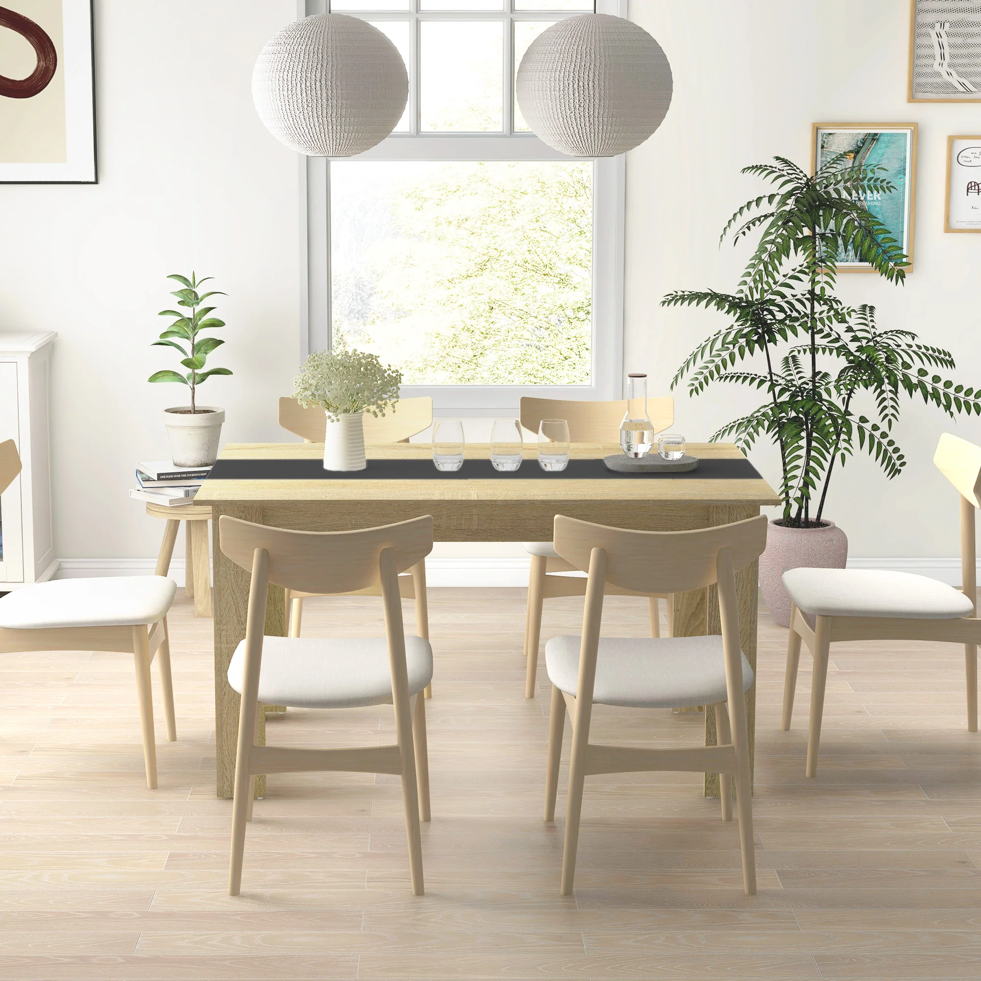 Table de salle à manger table de cuisine pour 6 personnes, style scandinave en bois aspect naturel et noir, dim. 140L x 90l x 75H cm - Image 9