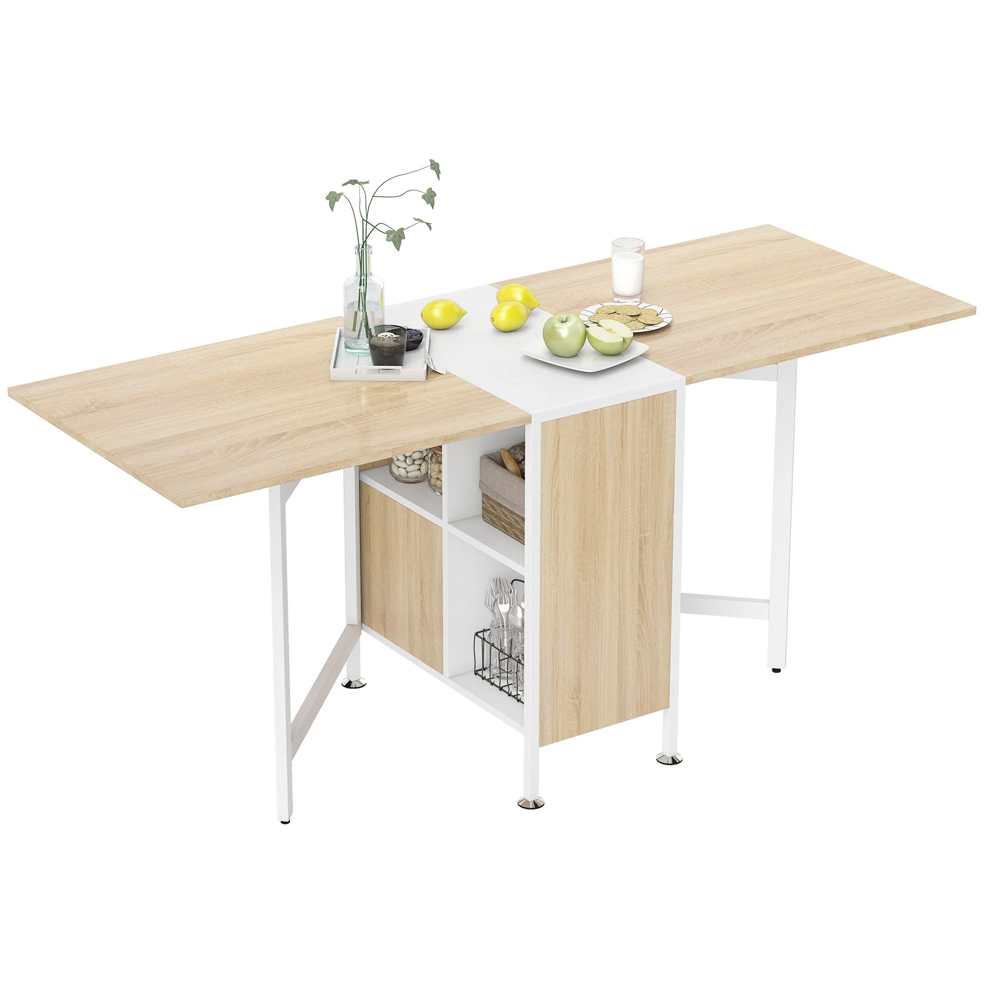 Table pliable de cuisine pour 4 personnes table à manger 4 niches intégrées pour petit espace dim. dépliées 169L x 62l x 75H cm MDF chêne clair acier blanc - Image 11
