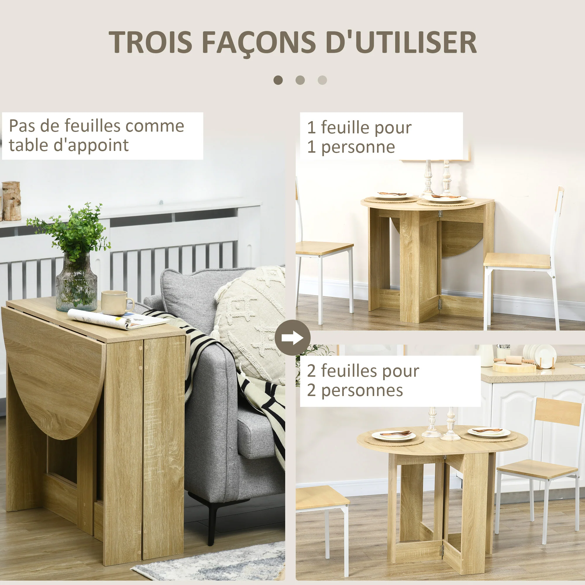 Table pliable de cuisine salle à manger 2 abattants - table ovale extensible - en bois chêne - Image 5