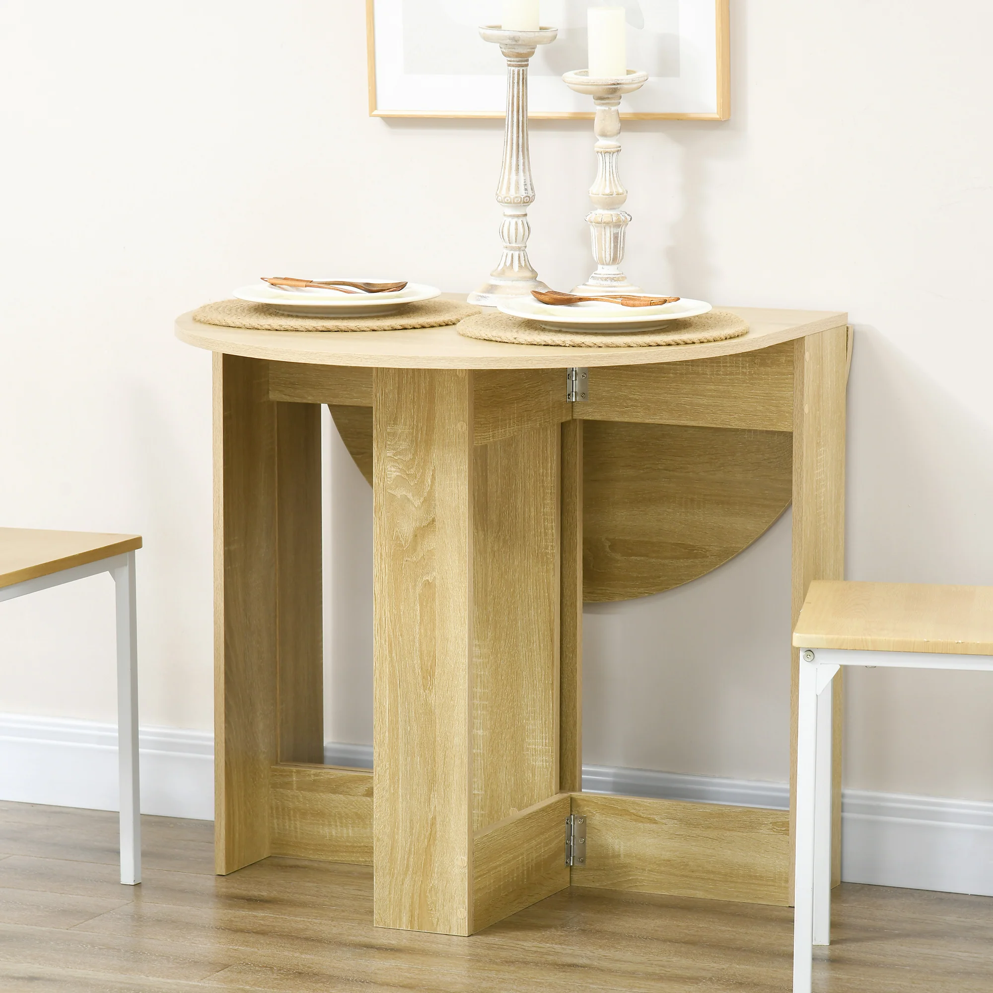 Table pliable de cuisine salle à manger 2 abattants - table ovale extensible - en bois chêne - Image 8