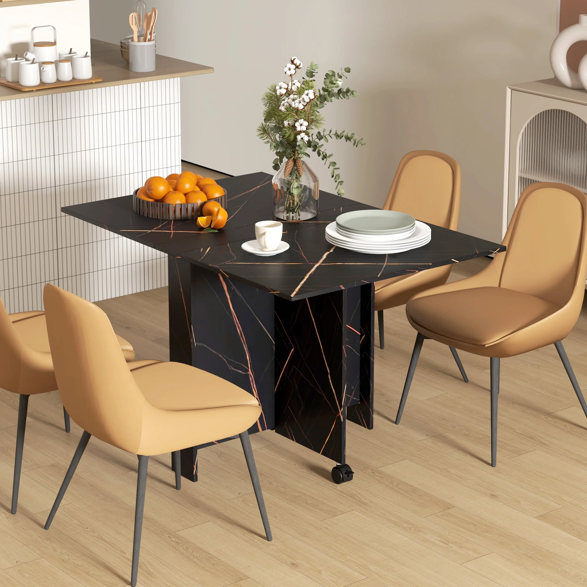 Table pliante cuisine, table à manger pliable, avec 2 abattants, 2 roues avec freins, pour 6 personnes, charge 20 kg, 120 x 80 x 73 cm, noir marbré imitation - Image 10