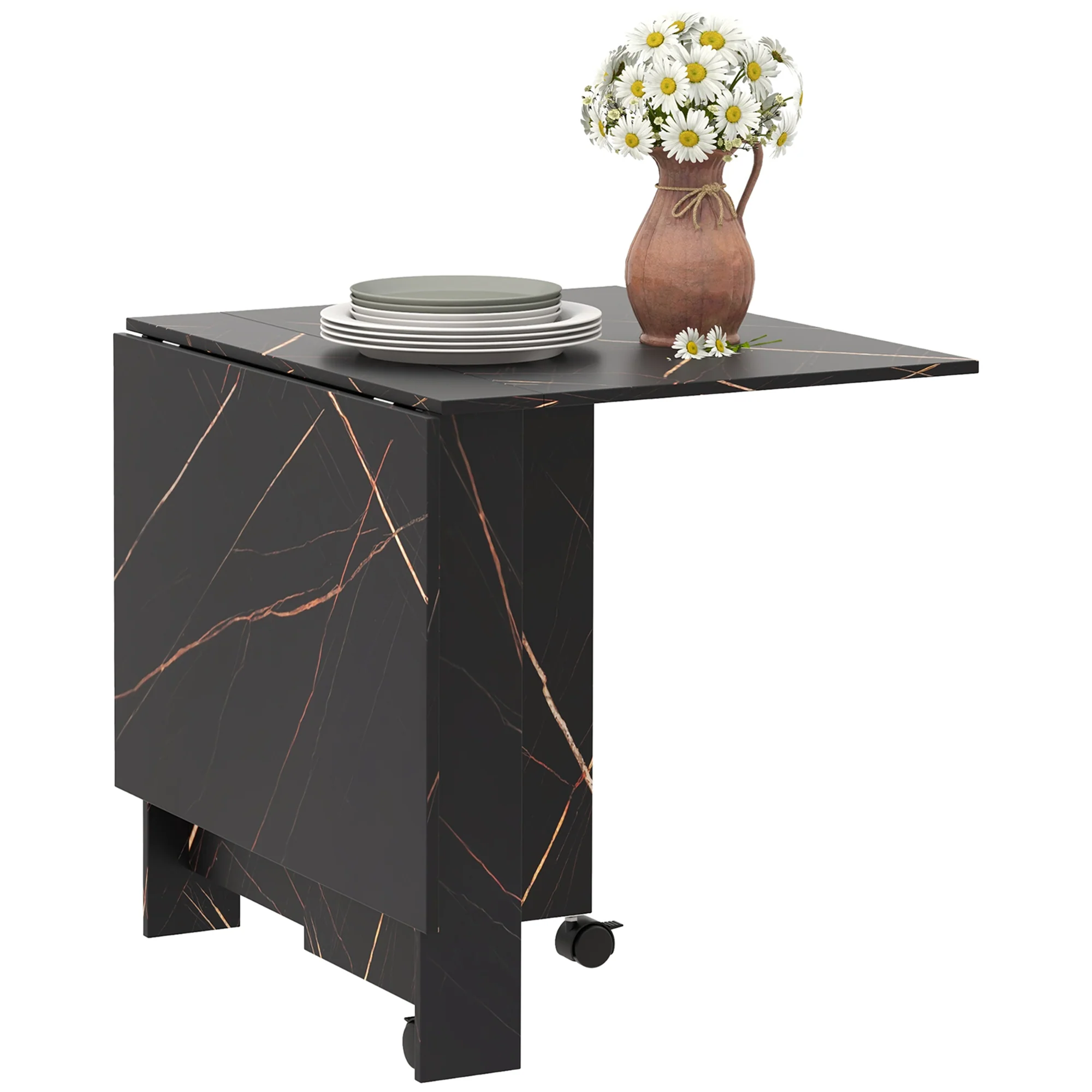 Table pliante cuisine, table à manger pliable, avec 2 abattants, 2 roues avec freins, pour 6 personnes, charge 20 kg, 120 x 80 x 73 cm, noir marbré imitation - Image 11
