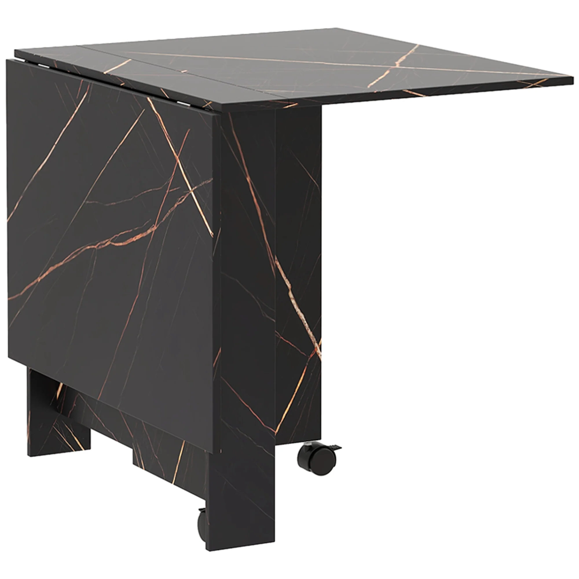 Table pliante cuisine, table à manger pliable, avec 2 abattants, 2 roues avec freins, pour 6 personnes, charge 20 kg, 120 x 80 x 73 cm, noir marbré imitation - Image 2