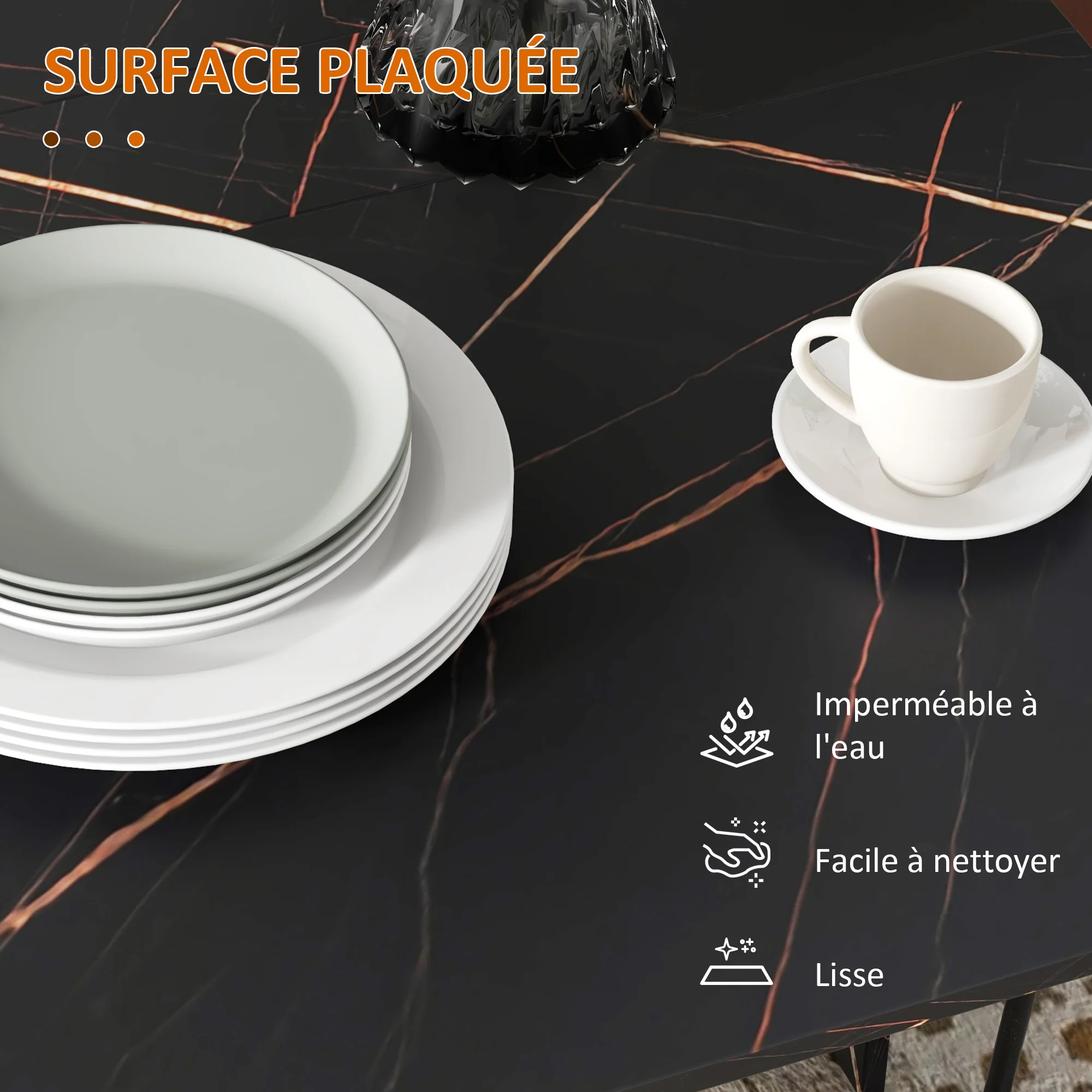 Table pliante cuisine, table à manger pliable, avec 2 abattants, 2 roues avec freins, pour 6 personnes, charge 20 kg, 120 x 80 x 73 cm, noir marbré imitation - Image 6