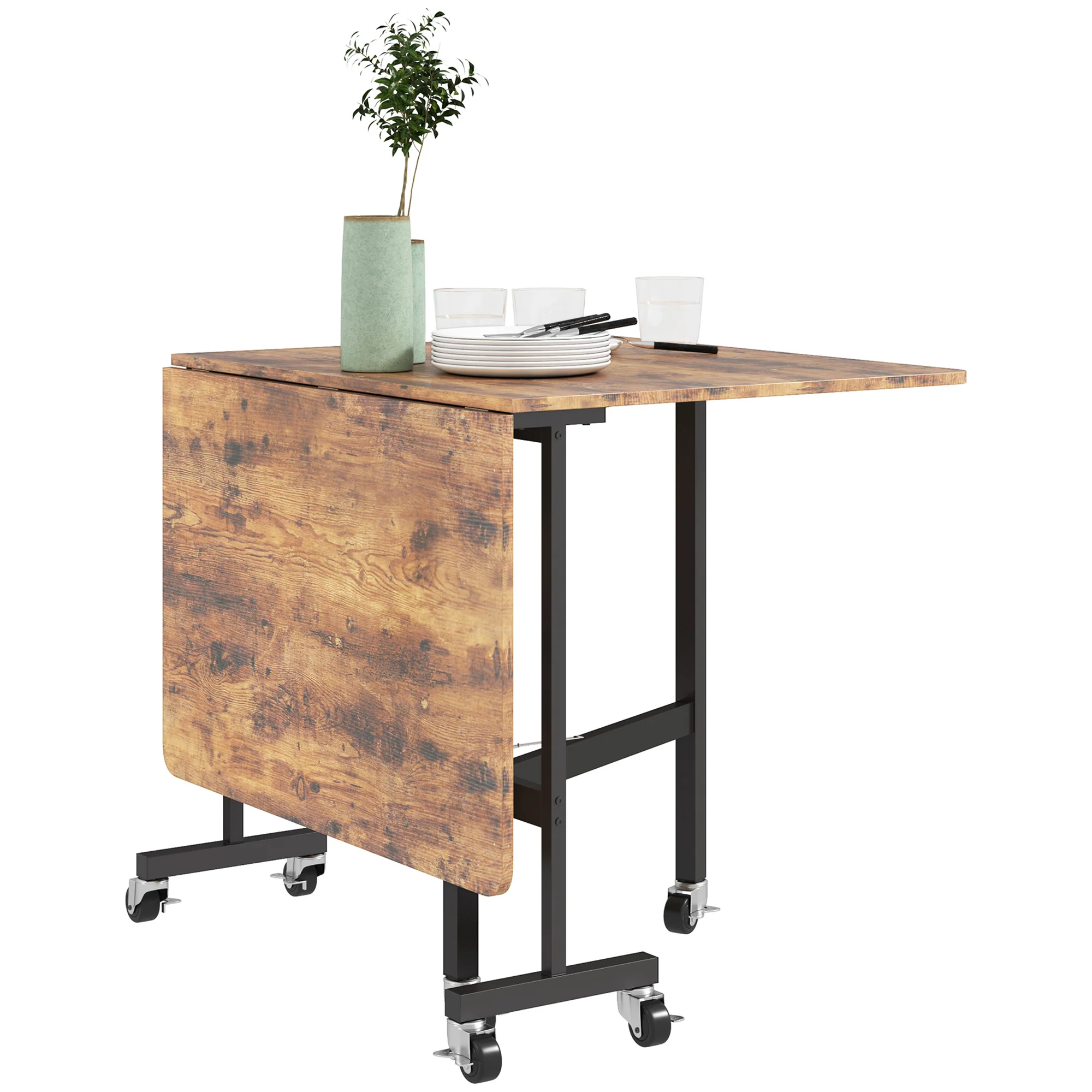 Table pliante cuisine, table à manger pliable, avec 2 abattants, 6 roues avec freins, pour 4-6 personnes, charge 100 kg, pieds en acier, 120 x 80 x 73 cm, brun rustique - Image 11