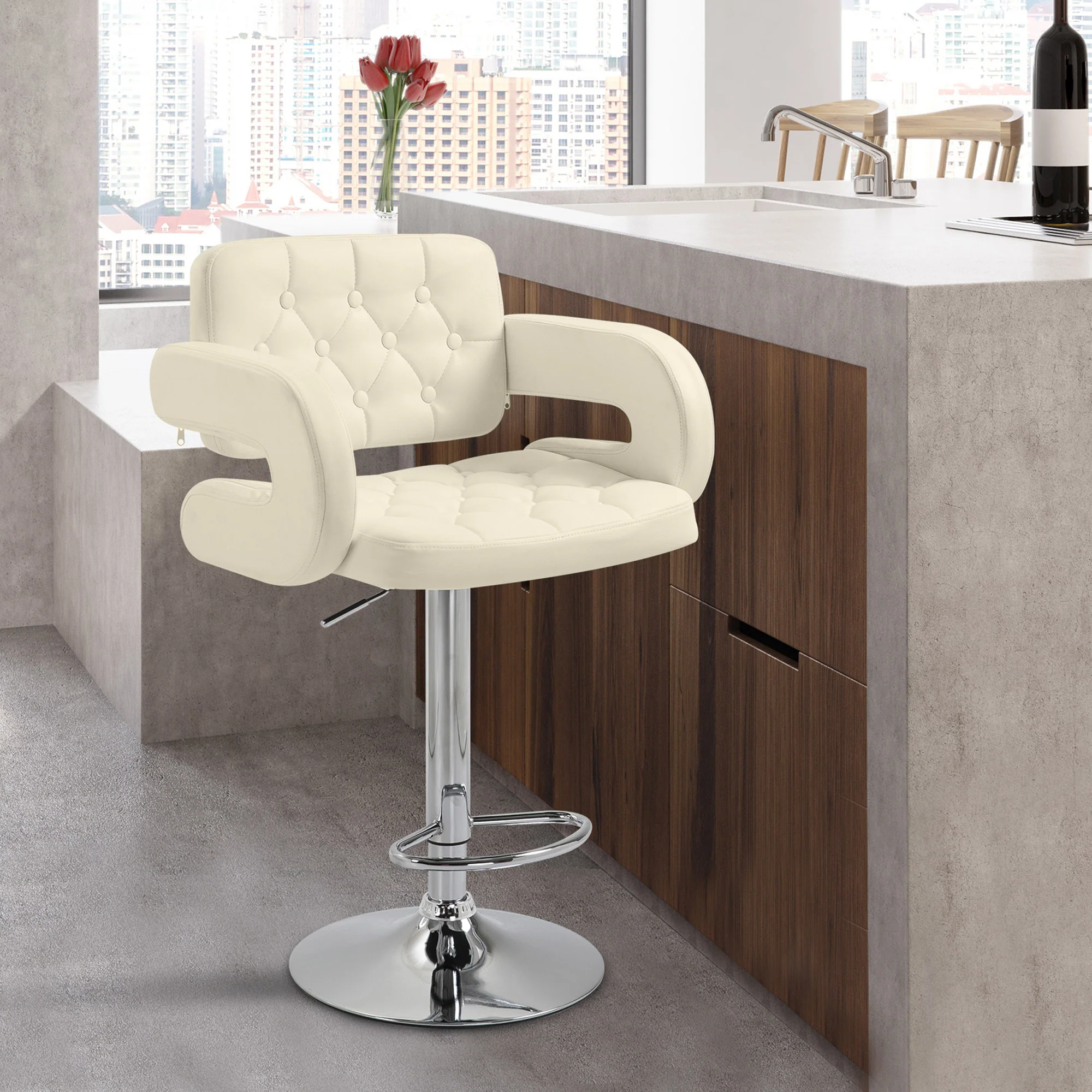 Tabouret de bar pivotant à 360°, chaise de bar réglable en hauteur avec dossier rembourrée, repose-pieds et accoudoirs, chaise haute cuisine en PU et métal pour salle à manger, comptoir, blanc - Image 11