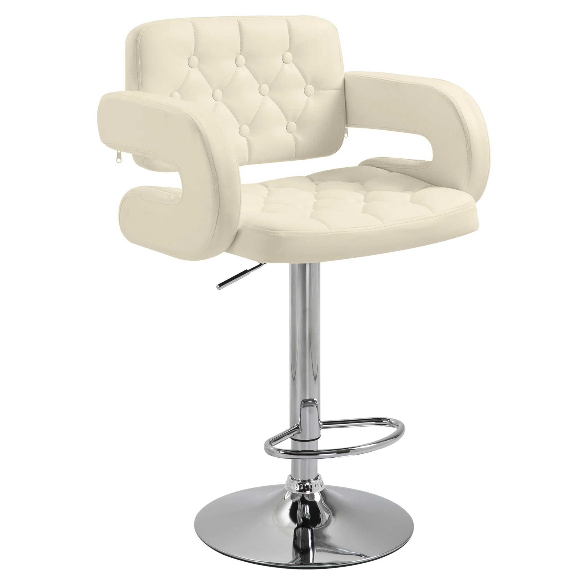Tabouret de bar pivotant à 360°, chaise de bar réglable en hauteur avec dossier rembourrée, repose-pieds et accoudoirs, chaise haute cuisine en PU et métal pour salle à manger, comptoir, blanc - Image 12