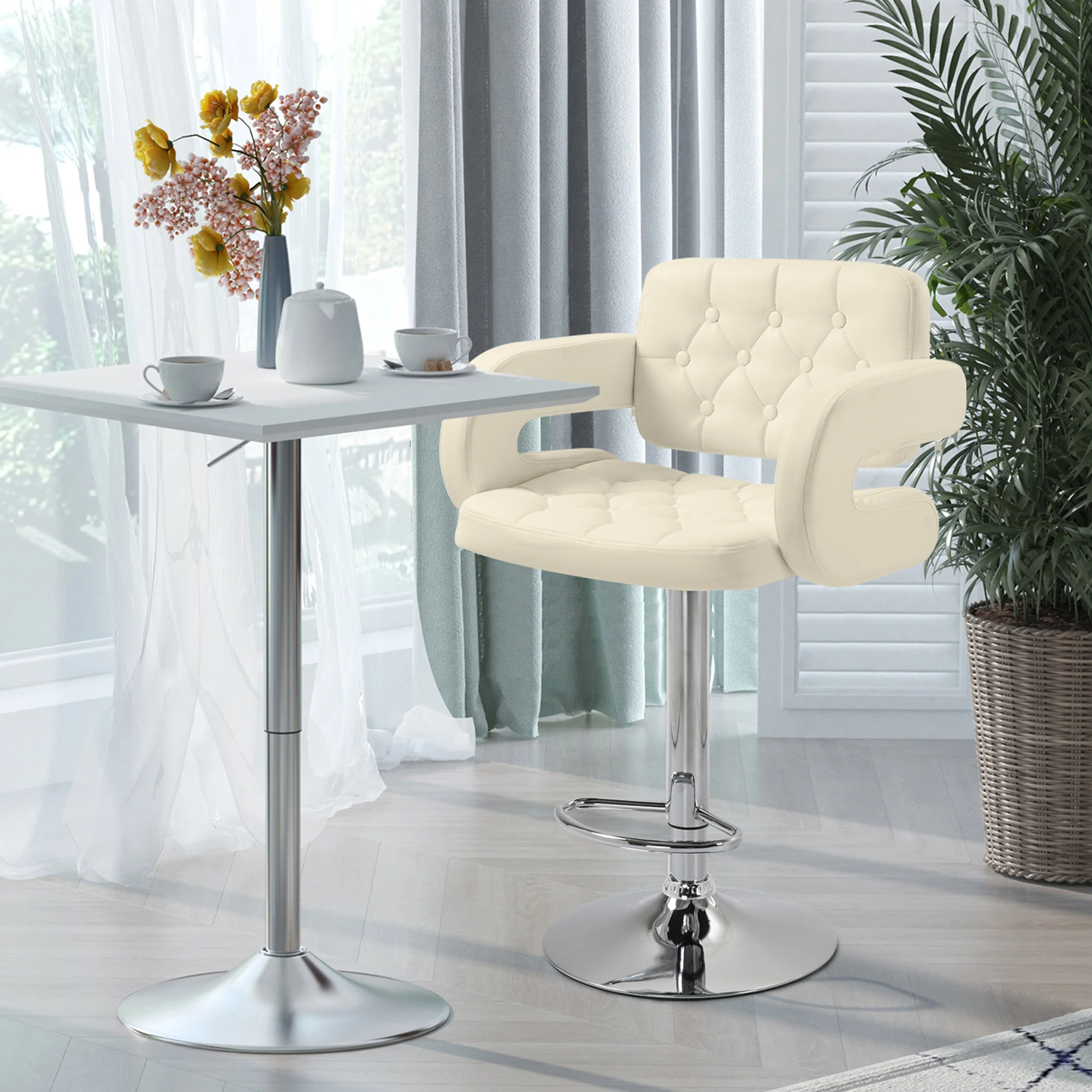 Tabouret de bar pivotant à 360°, chaise de bar réglable en hauteur avec dossier rembourrée, repose-pieds et accoudoirs, chaise haute cuisine en PU et métal pour salle à manger, comptoir, blanc - Image 3
