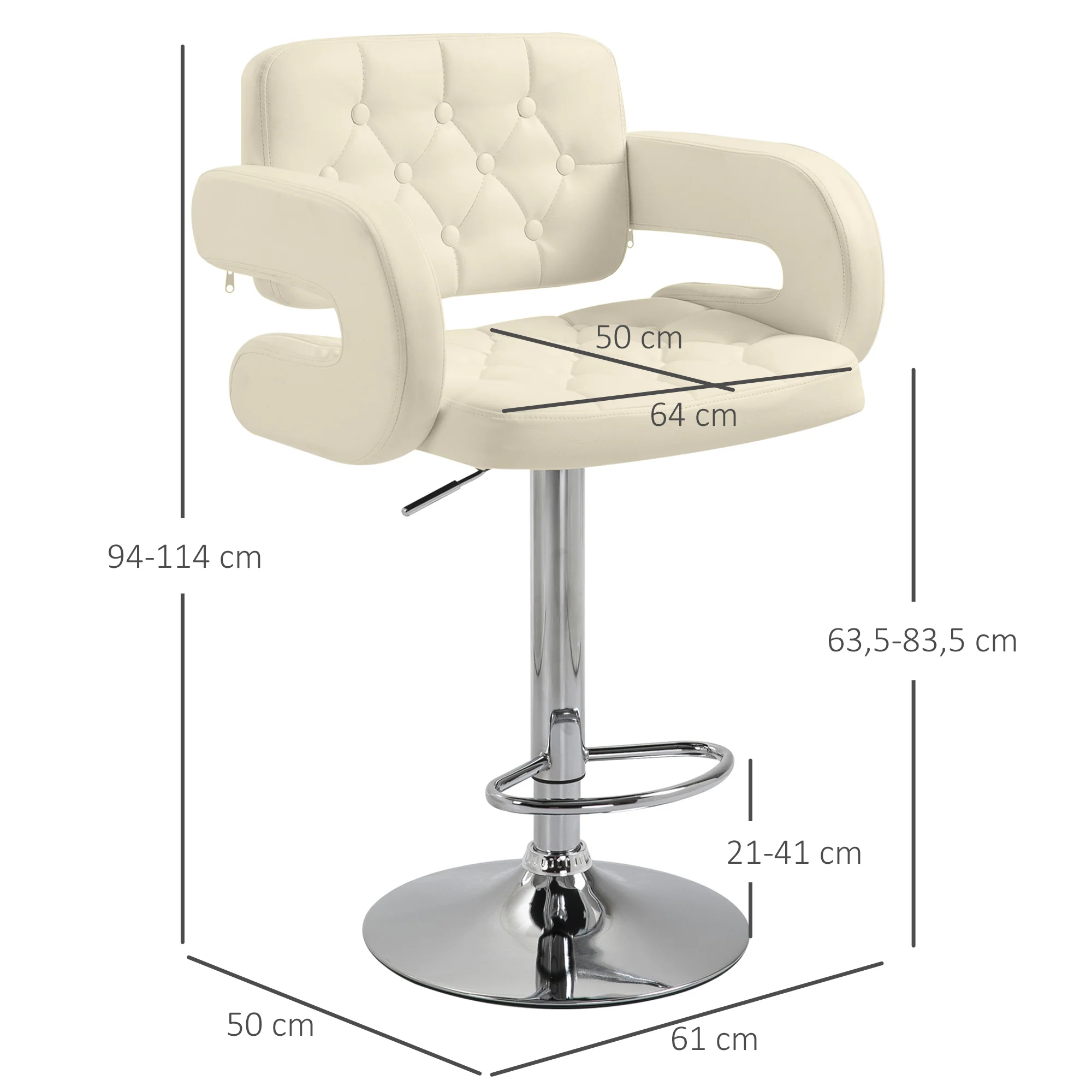 Tabouret de bar pivotant à 360°, chaise de bar réglable en hauteur avec dossier rembourrée, repose-pieds et accoudoirs, chaise haute cuisine en PU et métal pour salle à manger, comptoir, blanc - Image 4