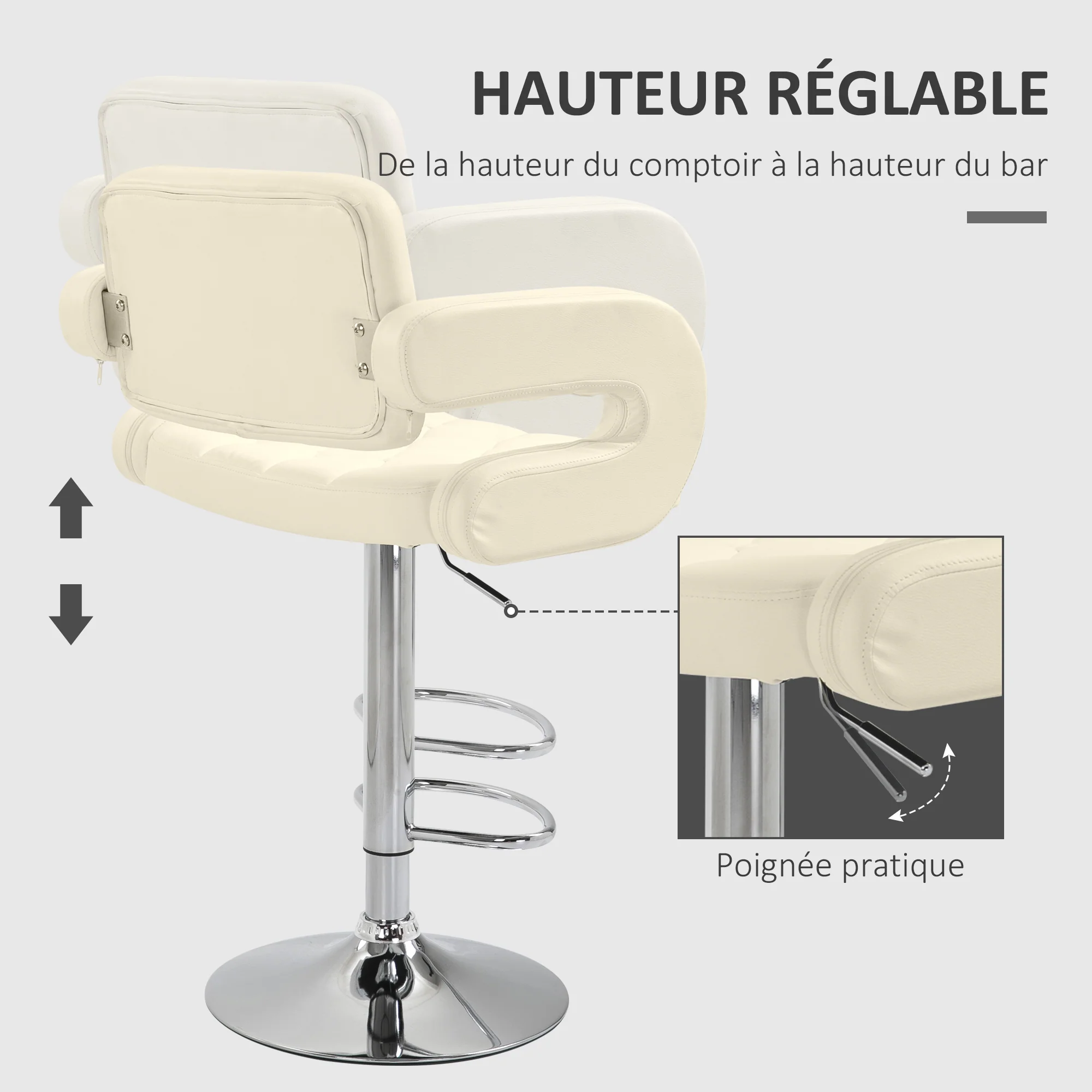 Tabouret de bar pivotant à 360°, chaise de bar réglable en hauteur avec dossier rembourrée, repose-pieds et accoudoirs, chaise haute cuisine en PU et métal pour salle à manger, comptoir, blanc - Image 5