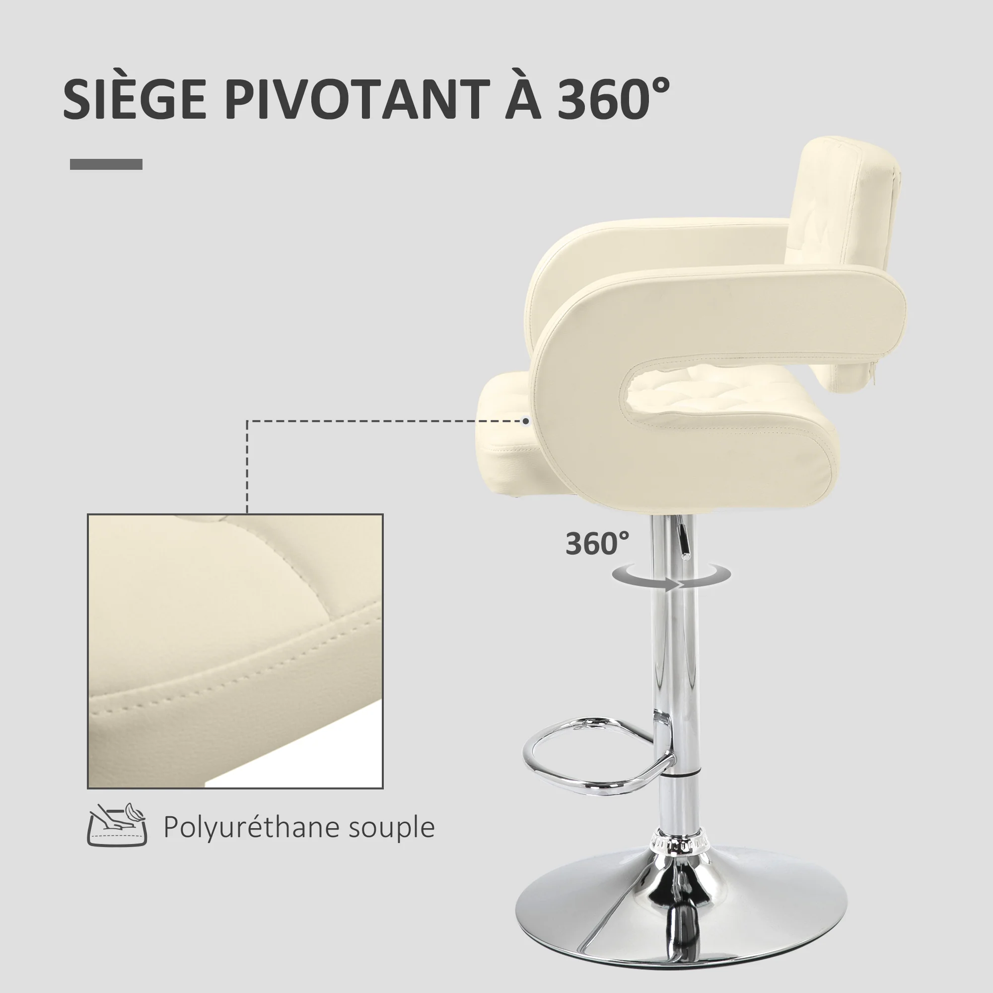 Tabouret de bar pivotant à 360°, chaise de bar réglable en hauteur avec dossier rembourrée, repose-pieds et accoudoirs, chaise haute cuisine en PU et métal pour salle à manger, comptoir, blanc - Image 6