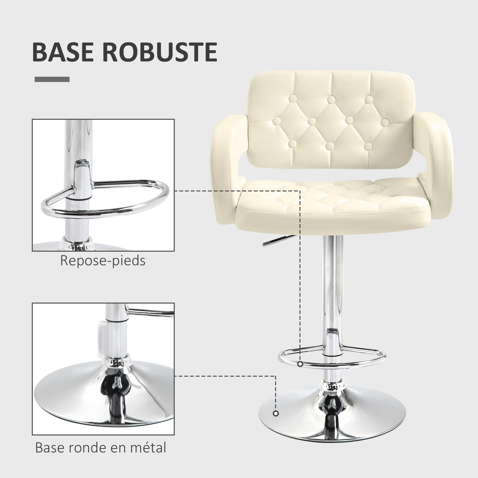 Tabouret de bar pivotant à 360°, chaise de bar réglable en hauteur avec dossier rembourrée, repose-pieds et accoudoirs, chaise haute cuisine en PU et métal pour salle à manger, comptoir, blanc - Image 7