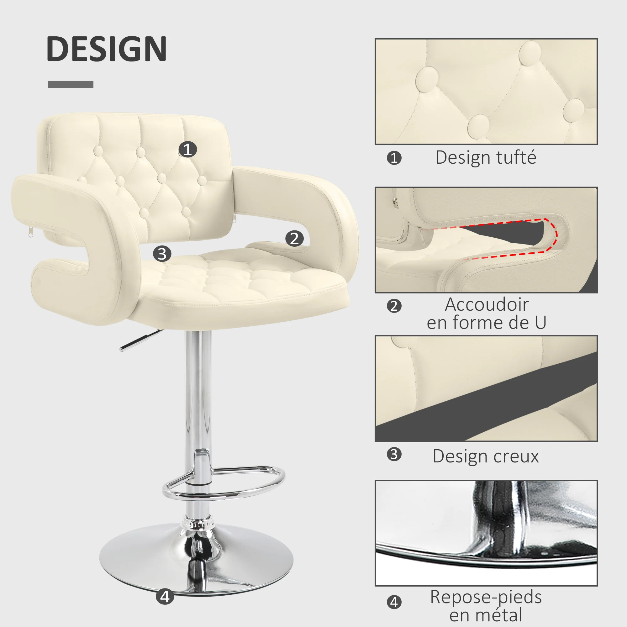 Tabouret de bar pivotant à 360°, chaise de bar réglable en hauteur avec dossier rembourrée, repose-pieds et accoudoirs, chaise haute cuisine en PU et métal pour salle à manger, comptoir, blanc - Image 8