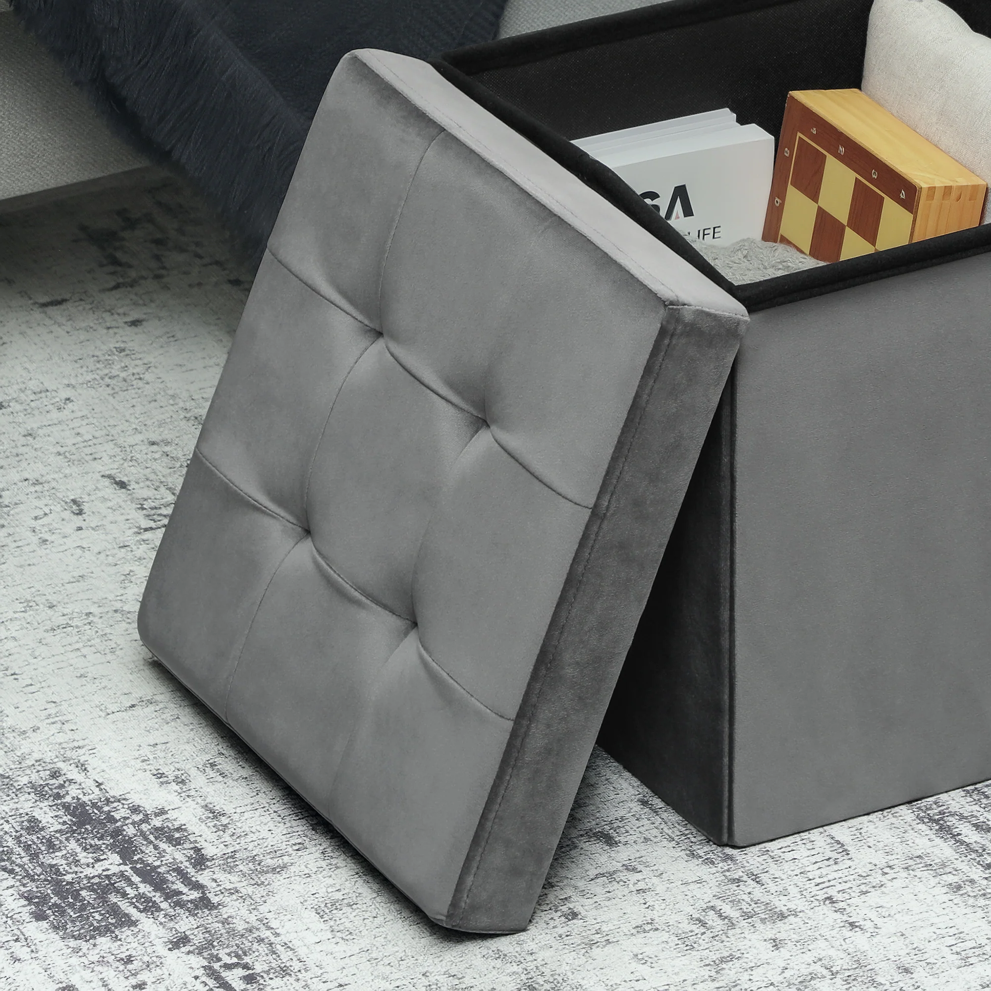 Tabouret, pouf coffre rangement, pouf repose-pieds en tissu velours, pour la chambre à coucher, entrée, salon, charge 120 Kg, 38 x 38 x 38 cm, gris - Image 10