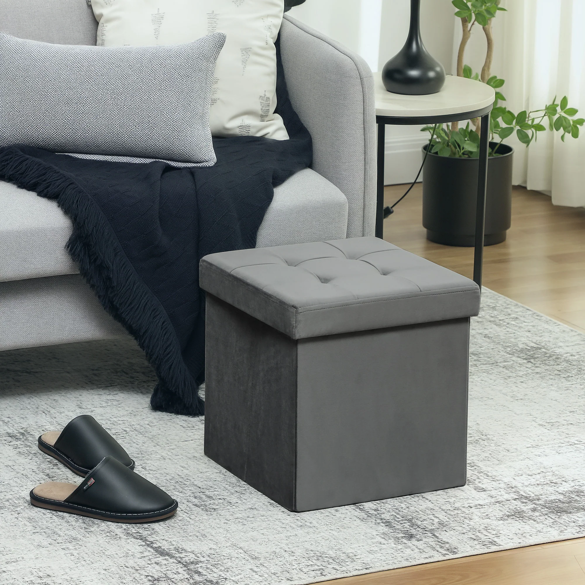 Tabouret, pouf coffre rangement, pouf repose-pieds en tissu velours, pour la chambre à coucher, entrée, salon, charge 120 Kg, 38 x 38 x 38 cm, gris - Image 3