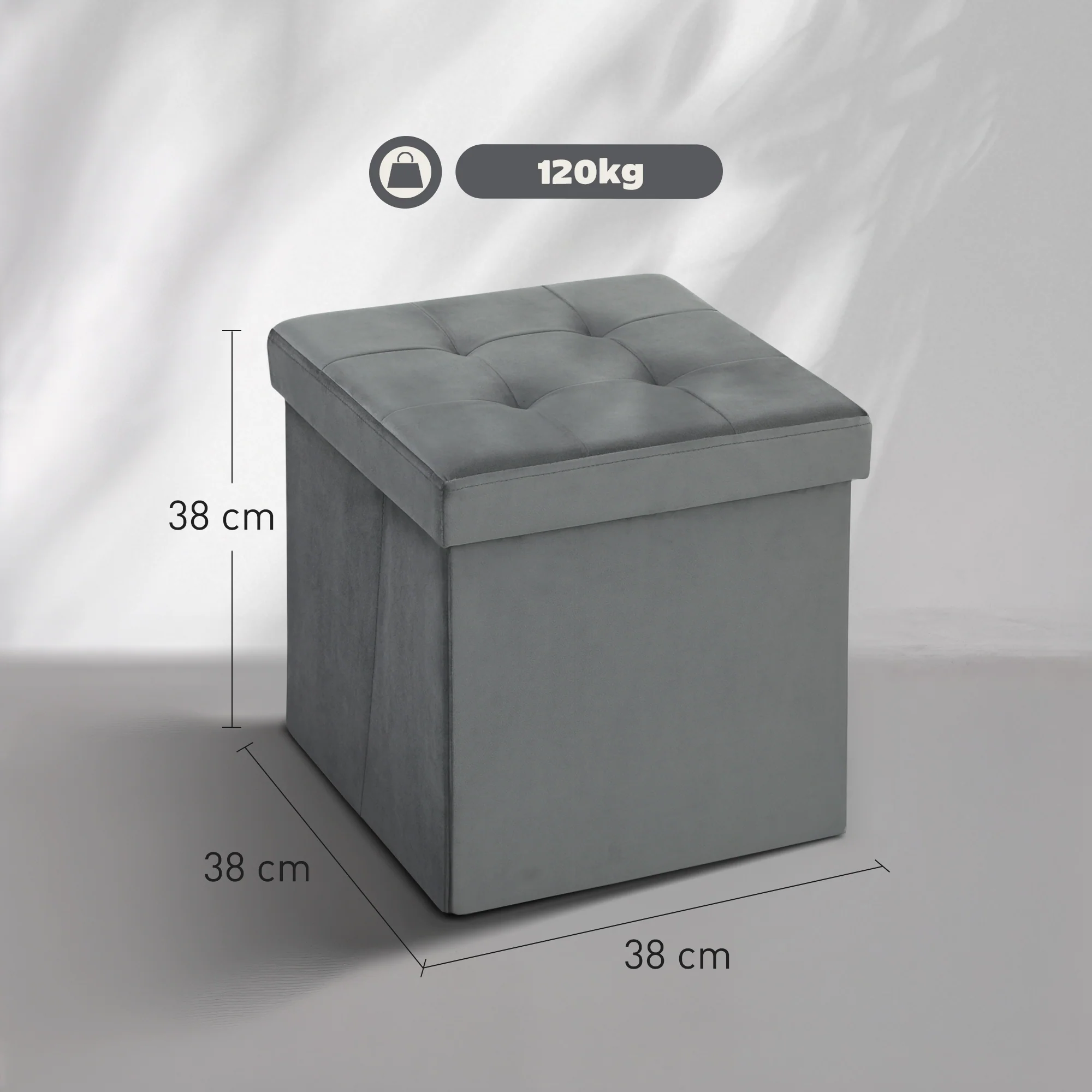 Tabouret, pouf coffre rangement, pouf repose-pieds en tissu velours, pour la chambre à coucher, entrée, salon, charge 120 Kg, 38 x 38 x 38 cm, gris - Image 4