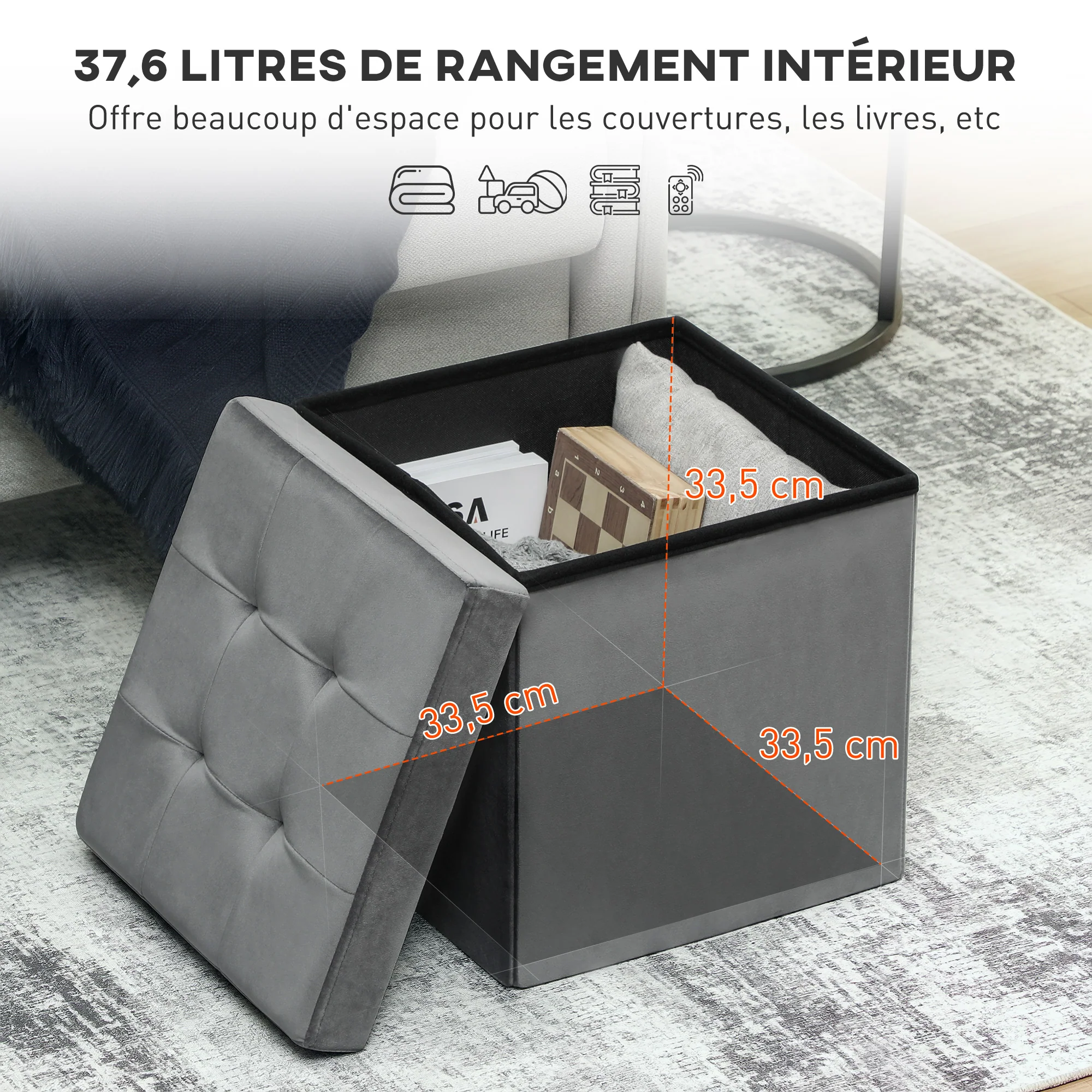 Tabouret, pouf coffre rangement, pouf repose-pieds en tissu velours, pour la chambre à coucher, entrée, salon, charge 120 Kg, 38 x 38 x 38 cm, gris - Image 5