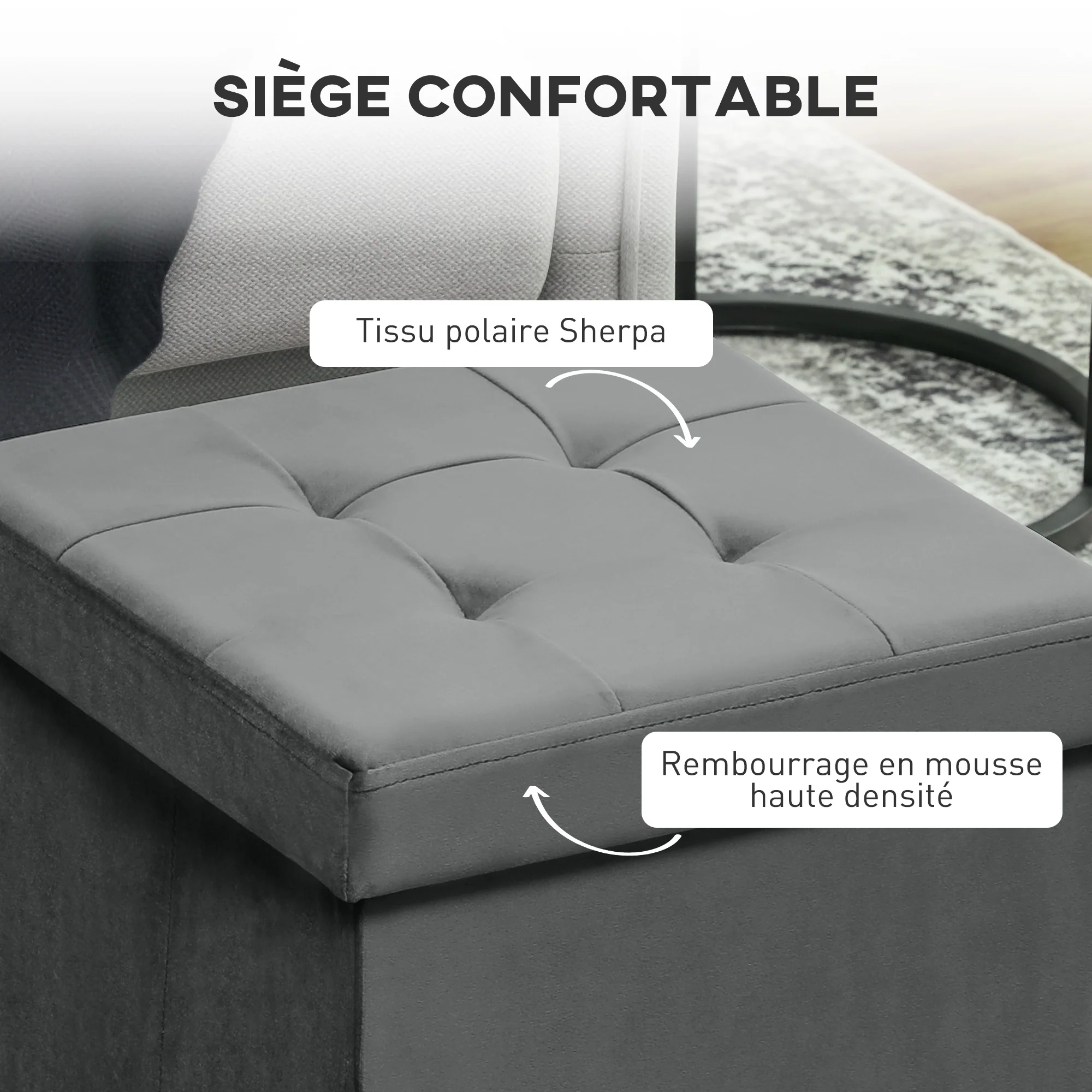 Tabouret, pouf coffre rangement, pouf repose-pieds en tissu velours, pour la chambre à coucher, entrée, salon, charge 120 Kg, 38 x 38 x 38 cm, gris - Image 6