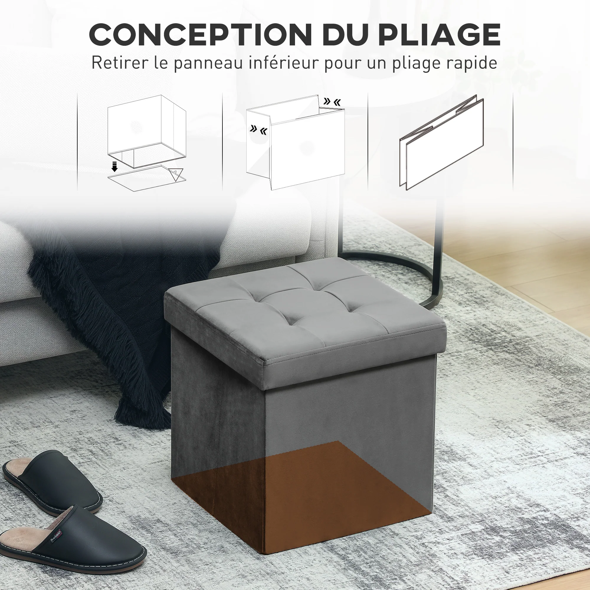 Tabouret, pouf coffre rangement, pouf repose-pieds en tissu velours, pour la chambre à coucher, entrée, salon, charge 120 Kg, 38 x 38 x 38 cm, gris - Image 7