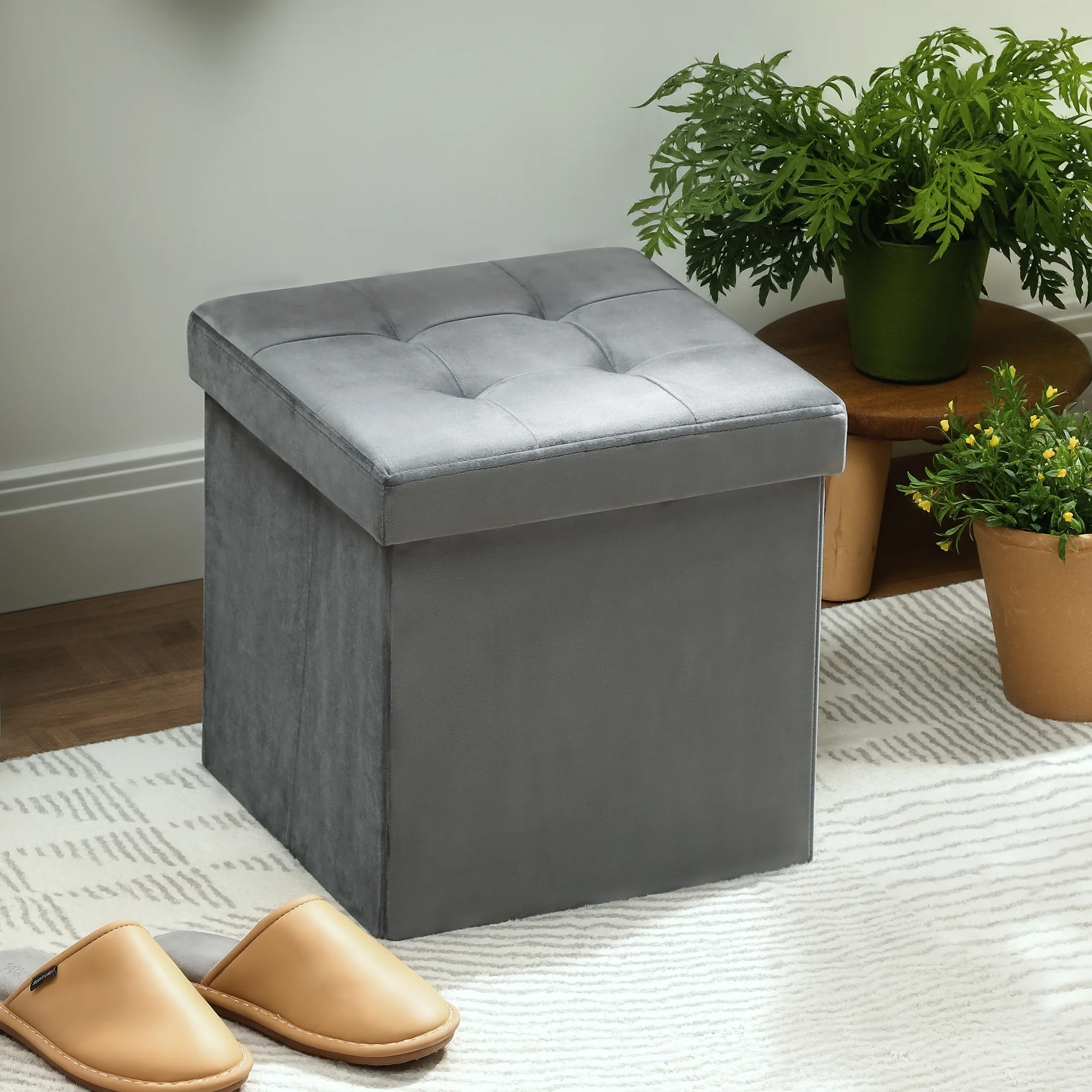 Tabouret, pouf coffre rangement, pouf repose-pieds en tissu velours, pour la chambre à coucher, entrée, salon, charge 120 Kg, 38 x 38 x 38 cm, gris - Image 8