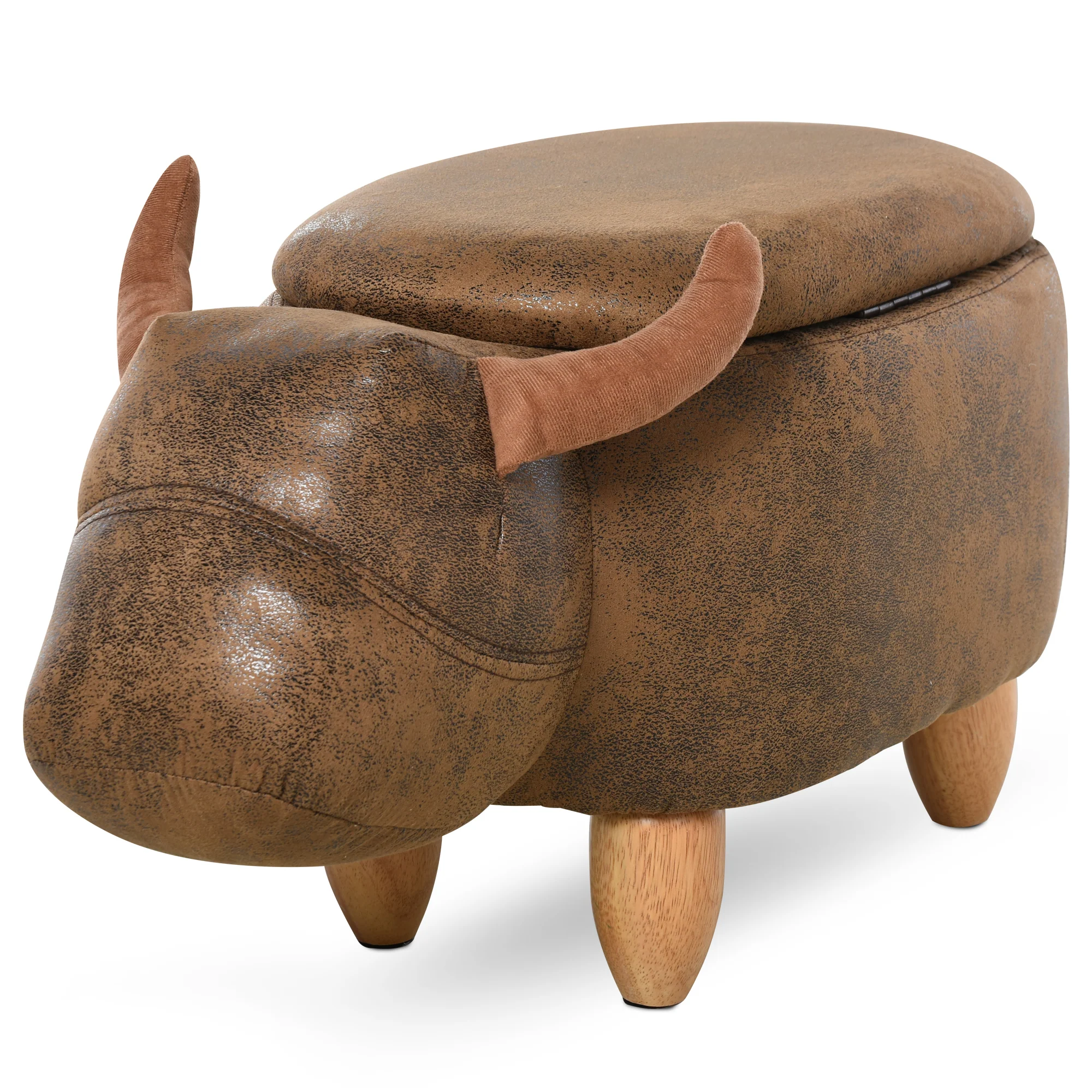 Tabouret Vache - Pouf Vachette - Pouf Taureau Coffre de Rangement 2 en 1 - Pieds Bois d'hévéa revêtement synthétique Aspect Daim Vieilli Marron - Image 11