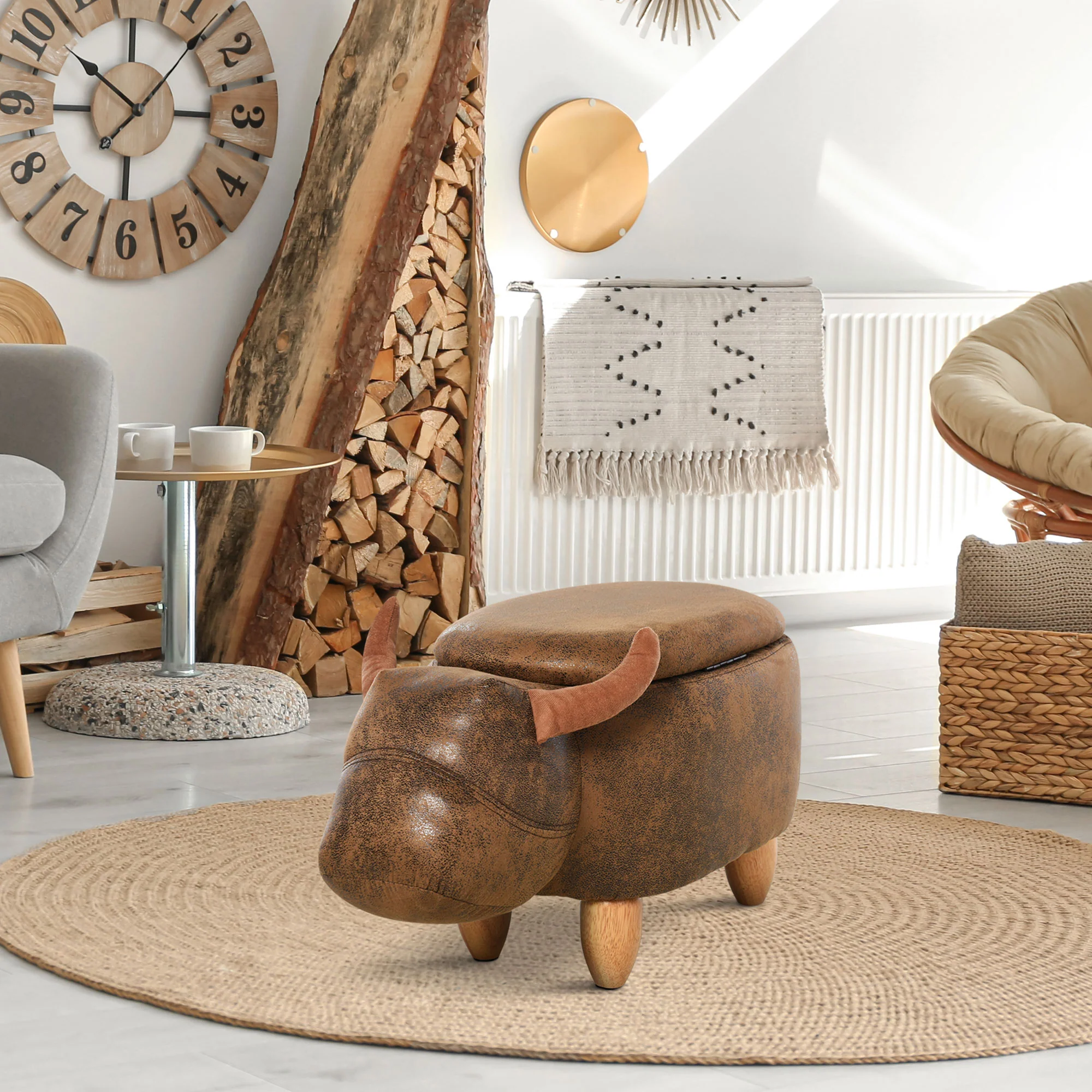 Tabouret Vache - Pouf Vachette - Pouf Taureau Coffre de Rangement 2 en 1 - Pieds Bois d'hévéa revêtement synthétique Aspect Daim Vieilli Marron - Image 3