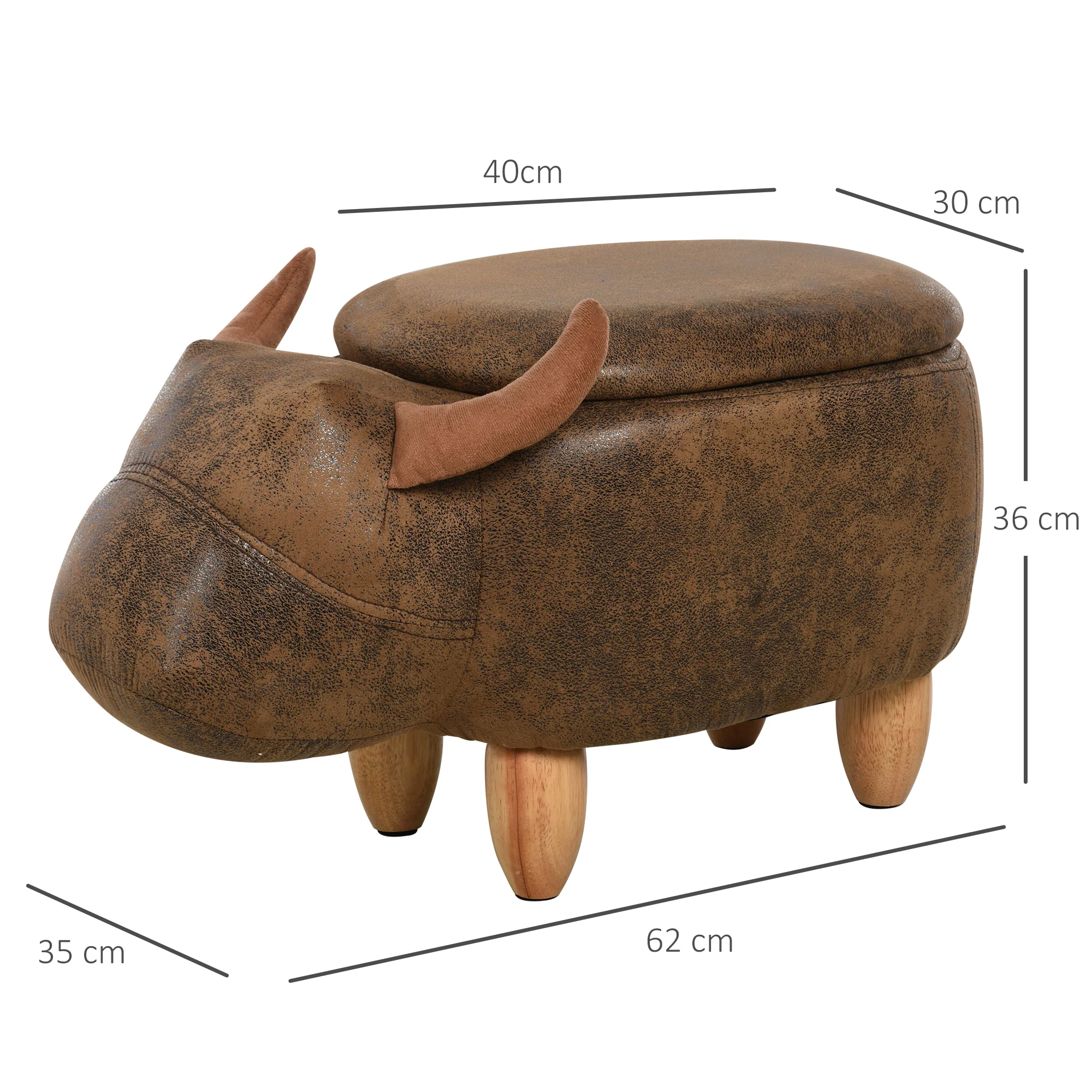 Tabouret Vache - Pouf Vachette - Pouf Taureau Coffre de Rangement 2 en 1 - Pieds Bois d'hévéa revêtement synthétique Aspect Daim Vieilli Marron - Image 4