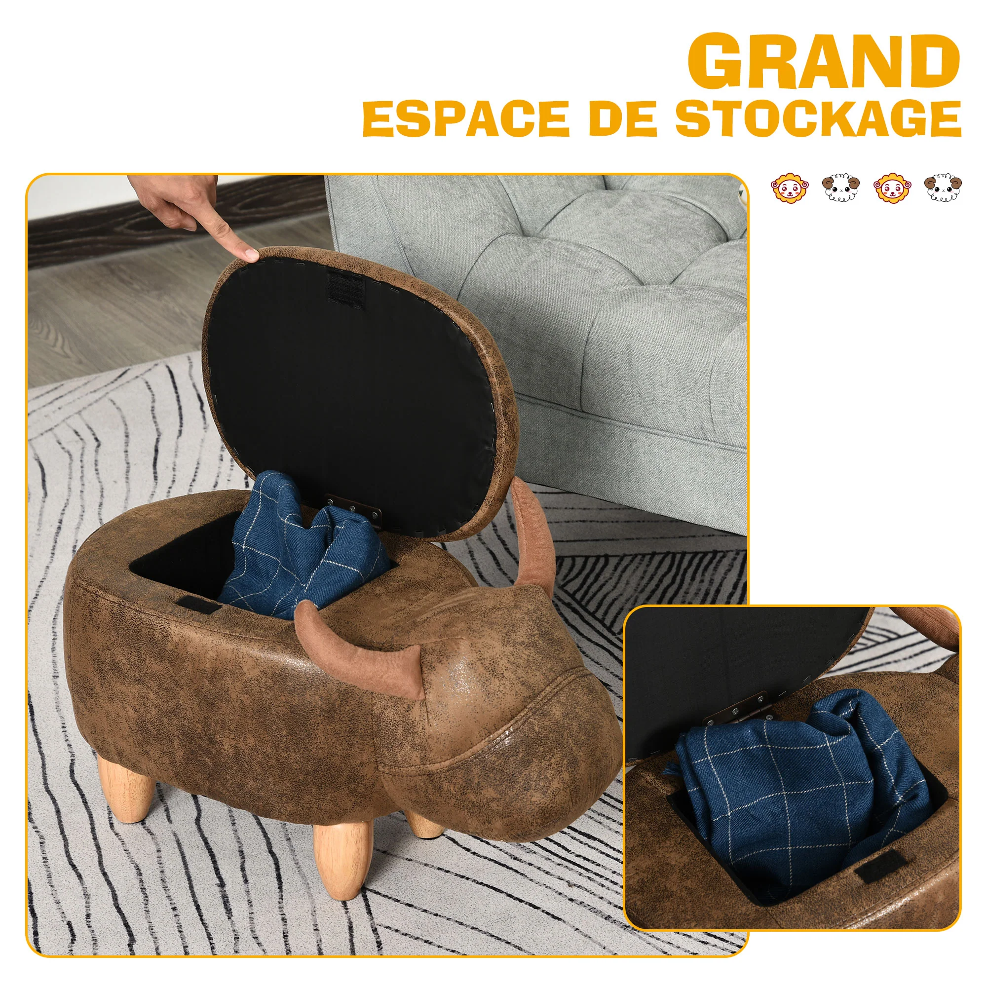 Tabouret Vache - Pouf Vachette - Pouf Taureau Coffre de Rangement 2 en 1 - Pieds Bois d'hévéa revêtement synthétique Aspect Daim Vieilli Marron - Image 5