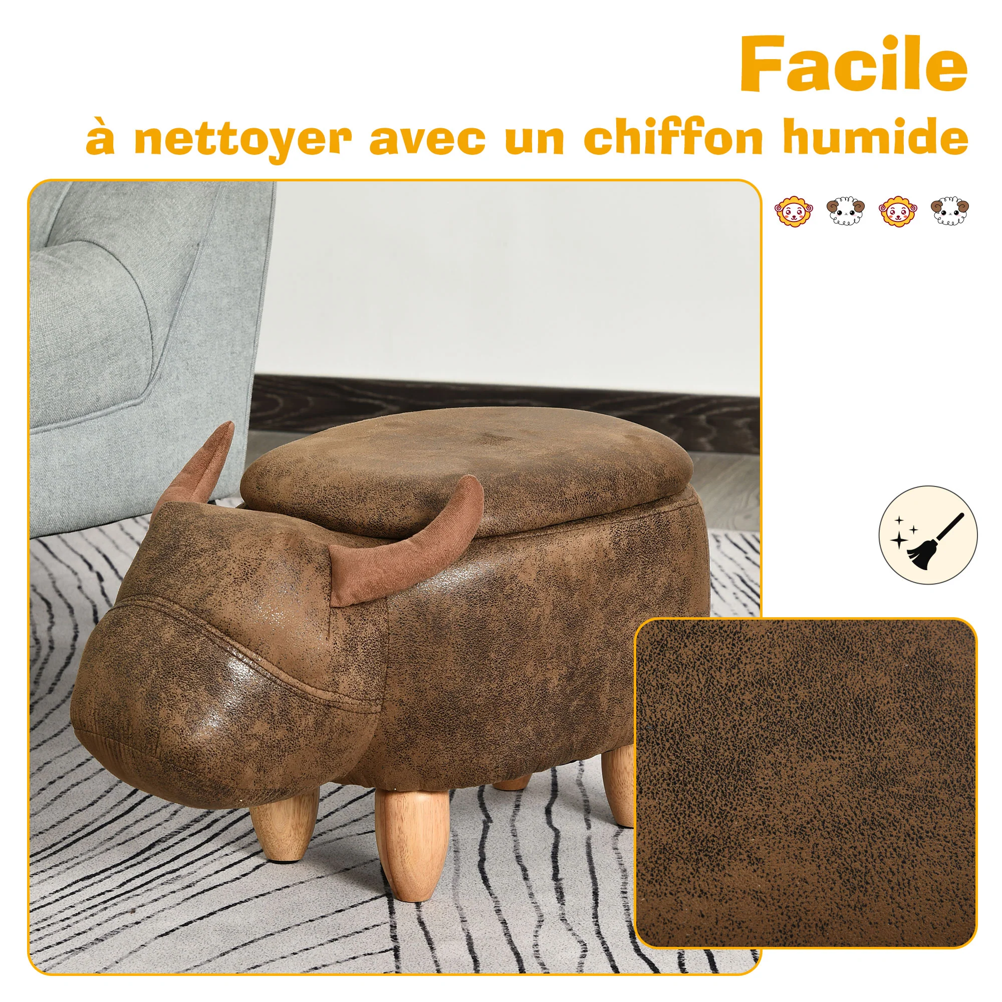 Tabouret Vache - Pouf Vachette - Pouf Taureau Coffre de Rangement 2 en 1 - Pieds Bois d'hévéa revêtement synthétique Aspect Daim Vieilli Marron - Image 6