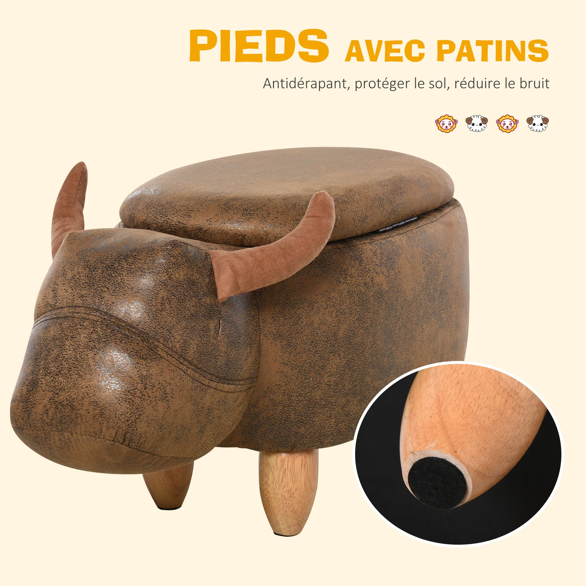 Tabouret Vache - Pouf Vachette - Pouf Taureau Coffre de Rangement 2 en 1 - Pieds Bois d'hévéa revêtement synthétique Aspect Daim Vieilli Marron - Image 7