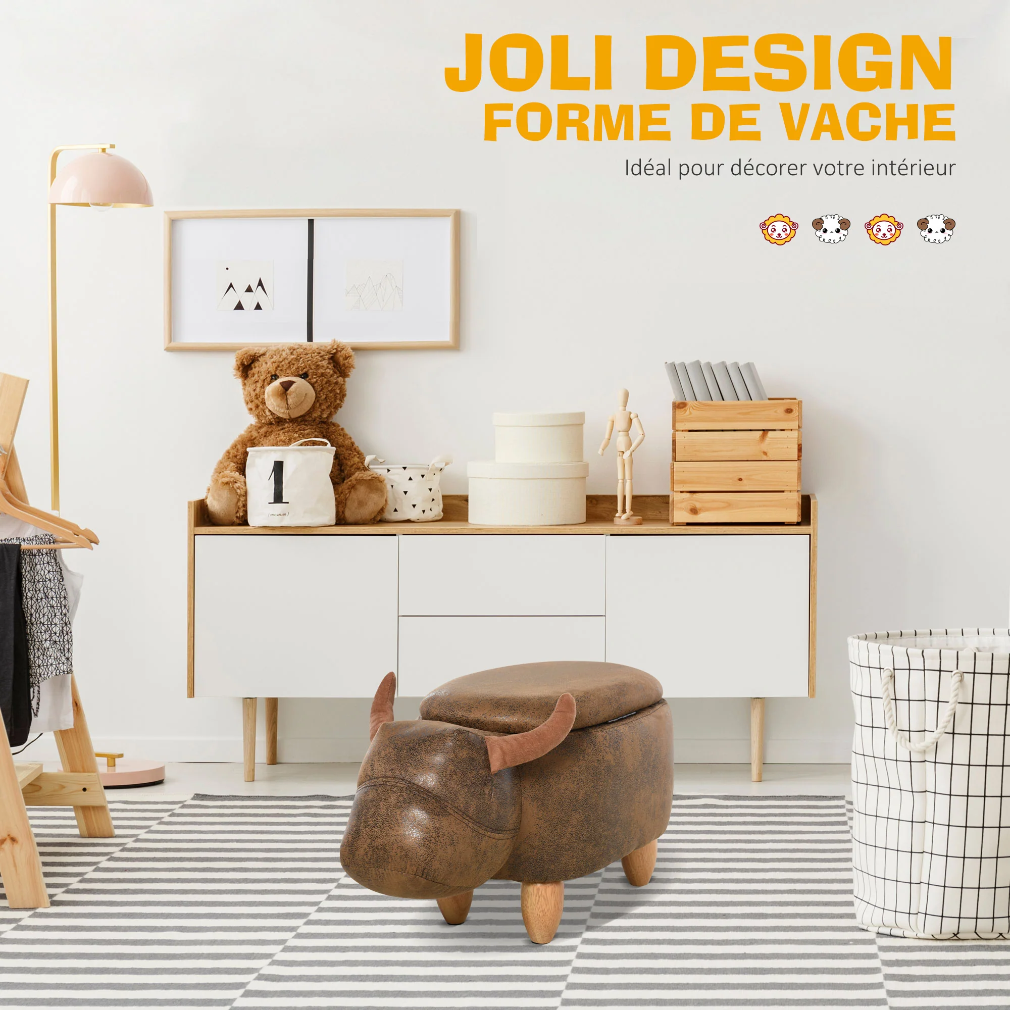 Tabouret Vache - Pouf Vachette - Pouf Taureau Coffre de Rangement 2 en 1 - Pieds Bois d'hévéa revêtement synthétique Aspect Daim Vieilli Marron - Image 8