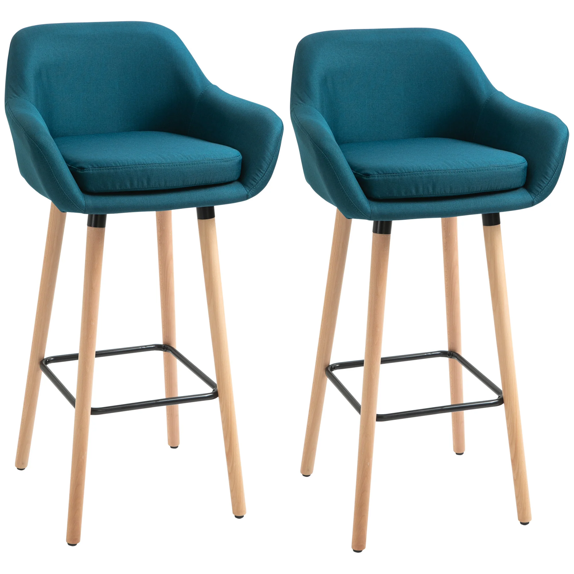 Tabourets de Bar Design scandinave - Lot de 2 tabourets de Bar Grand Confort avec Repose-Pieds et accoudoirs - Bois massif Lin bleu - Image 2