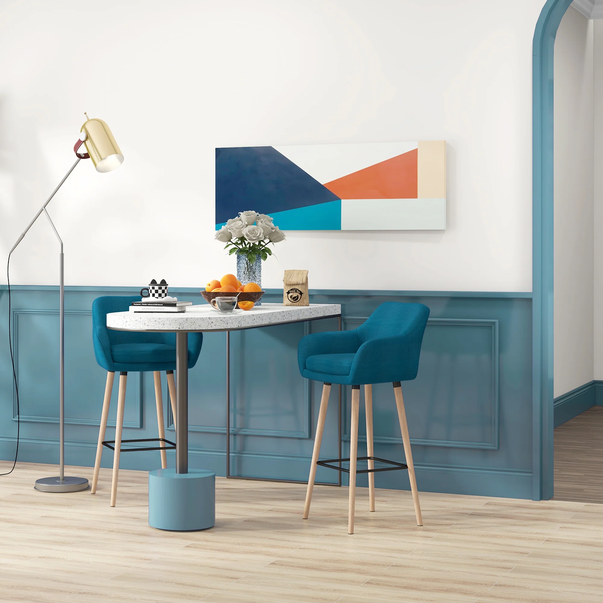 Tabourets de Bar Design scandinave - Lot de 2 tabourets de Bar Grand Confort avec Repose-Pieds et accoudoirs - Bois massif Lin bleu - Image 3