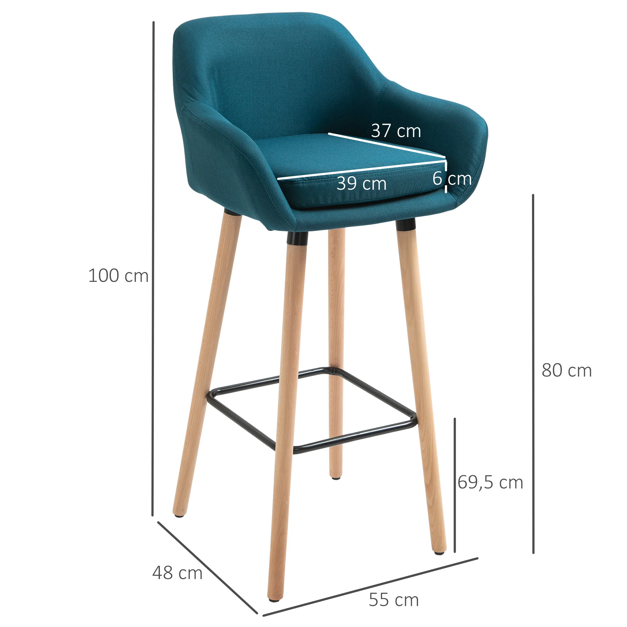 Tabourets de Bar Design scandinave - Lot de 2 tabourets de Bar Grand Confort avec Repose-Pieds et accoudoirs - Bois massif Lin bleu - Image 4