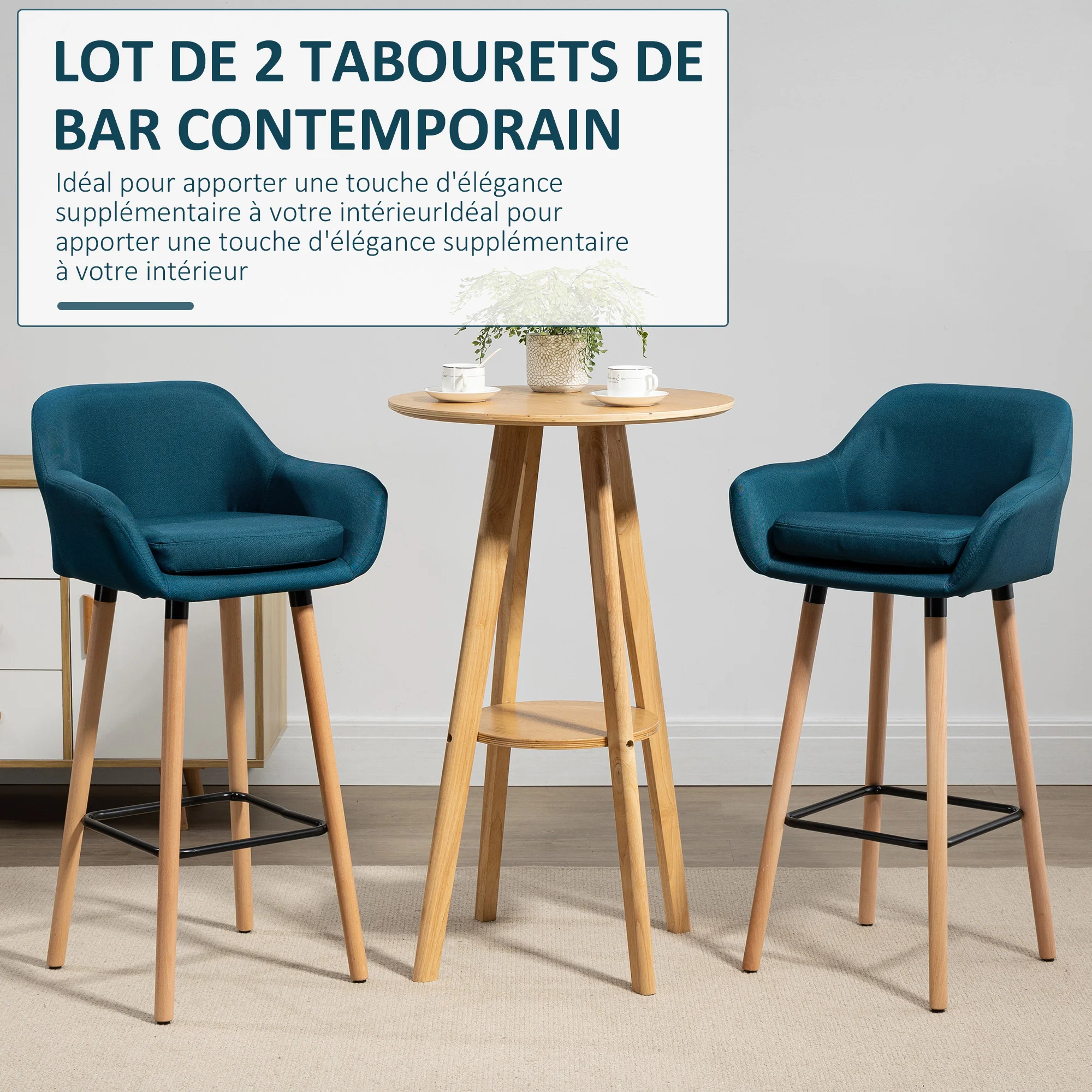 Tabourets de Bar Design scandinave - Lot de 2 tabourets de Bar Grand Confort avec Repose-Pieds et accoudoirs - Bois massif Lin bleu - Image 5