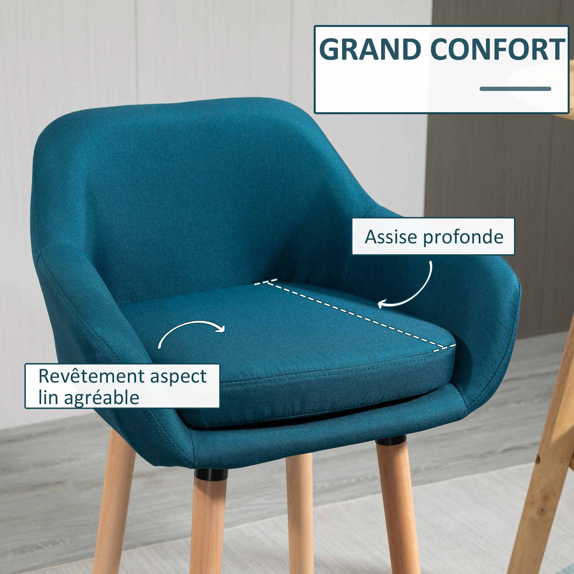Tabourets de Bar Design scandinave - Lot de 2 tabourets de Bar Grand Confort avec Repose-Pieds et accoudoirs - Bois massif Lin bleu - Image 6
