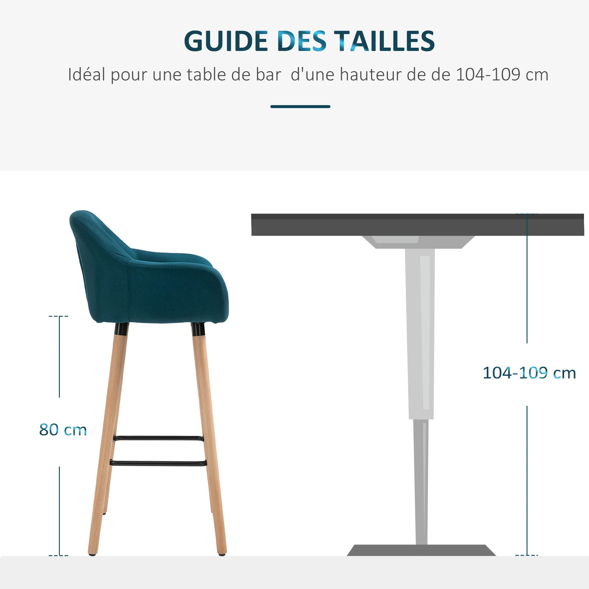Tabourets de Bar Design scandinave - Lot de 2 tabourets de Bar Grand Confort avec Repose-Pieds et accoudoirs - Bois massif Lin bleu - Image 8
