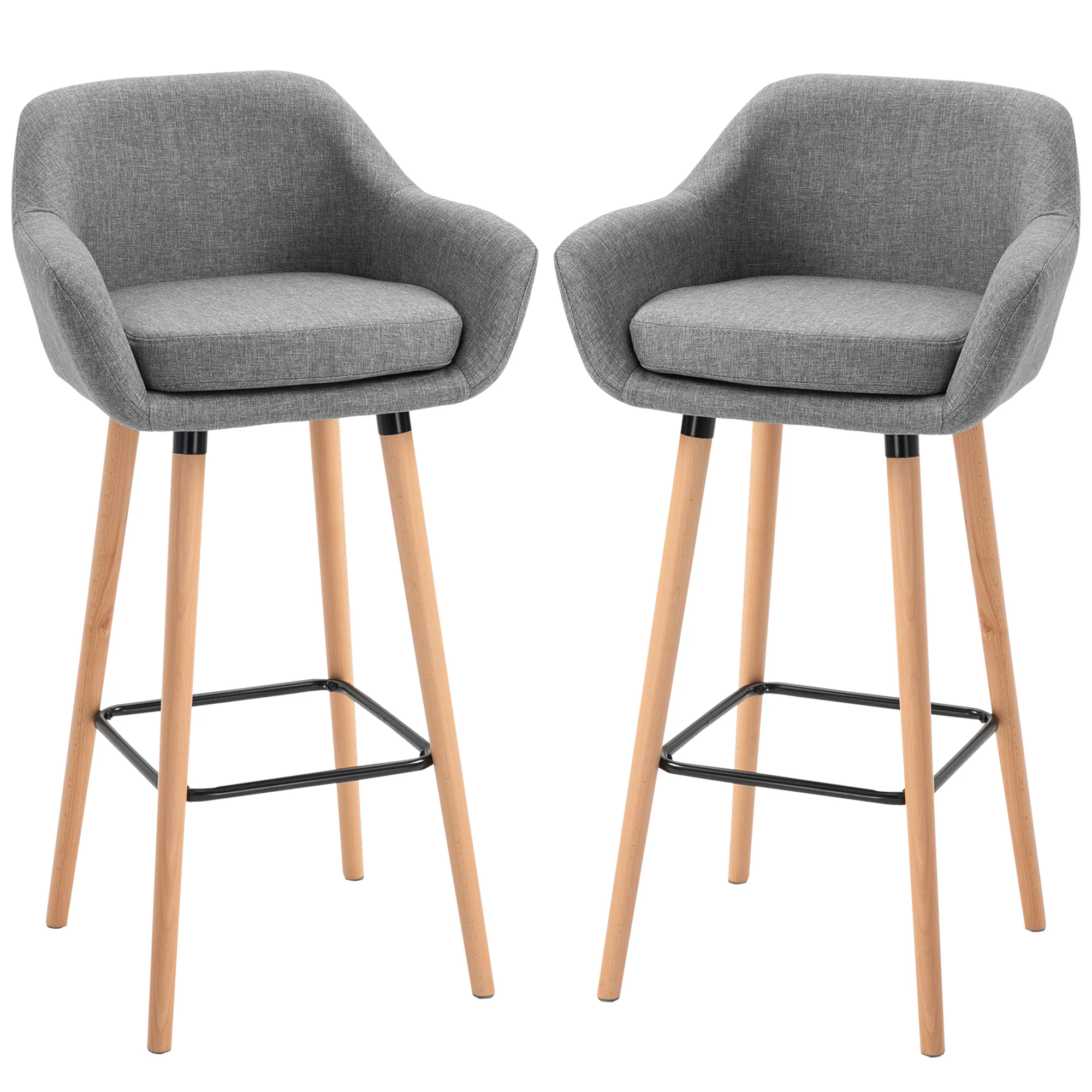 Tabourets de Bar Design scandinave - Lot de 2 tabourets de Bar Grand Confort avec Repose-Pieds et accoudoirs - Bois massif Lin Gris foncé