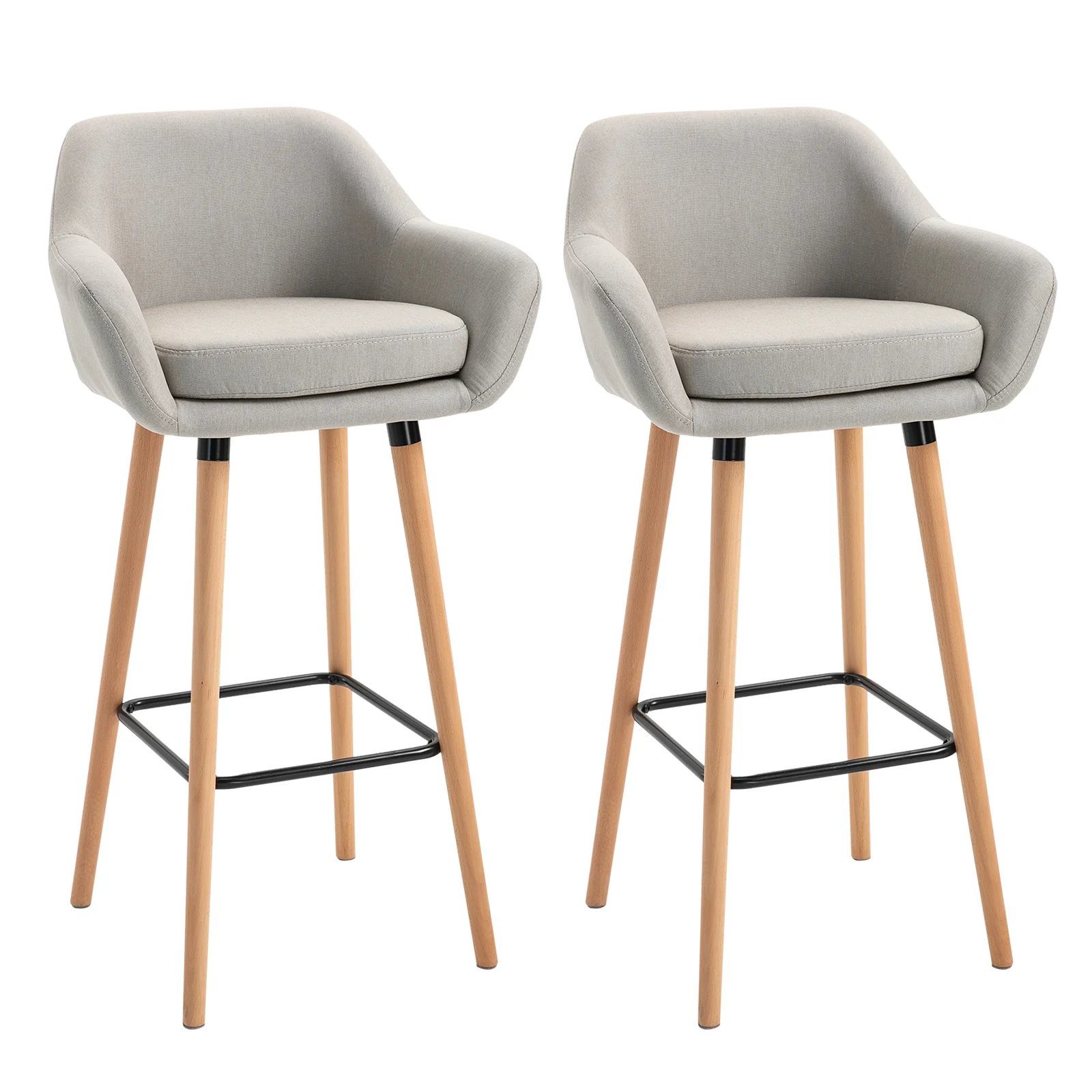 Tabourets de Bar Design scandinave - Lot de 2 tabourets de Bar Grand Confort avec Repose-Pieds et accoudoirs - Bois massif Lin Beige - Image 2
