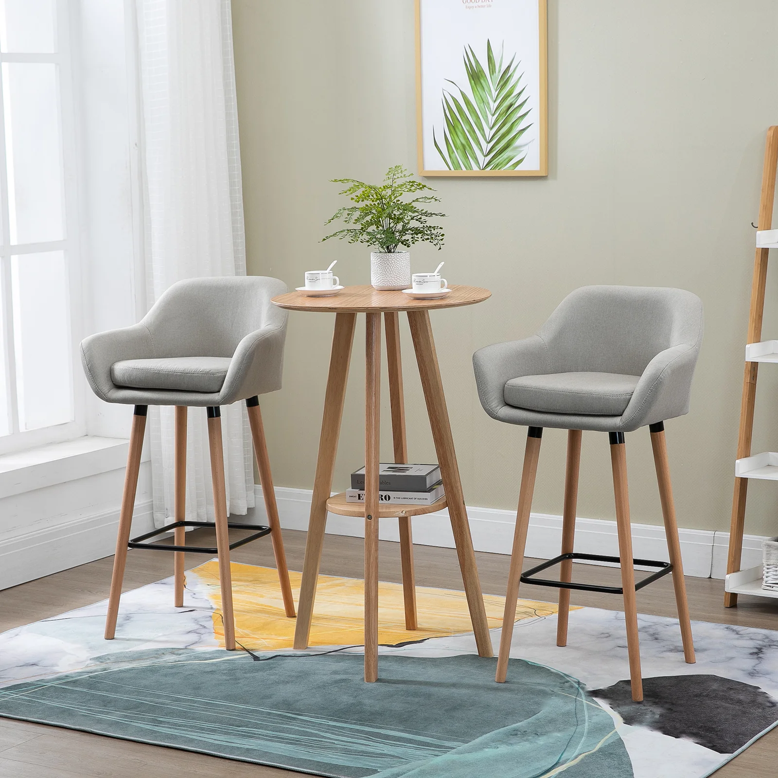 Tabourets de Bar Design scandinave - Lot de 2 tabourets de Bar Grand Confort avec Repose-Pieds et accoudoirs - Bois massif Lin Beige - Image 3