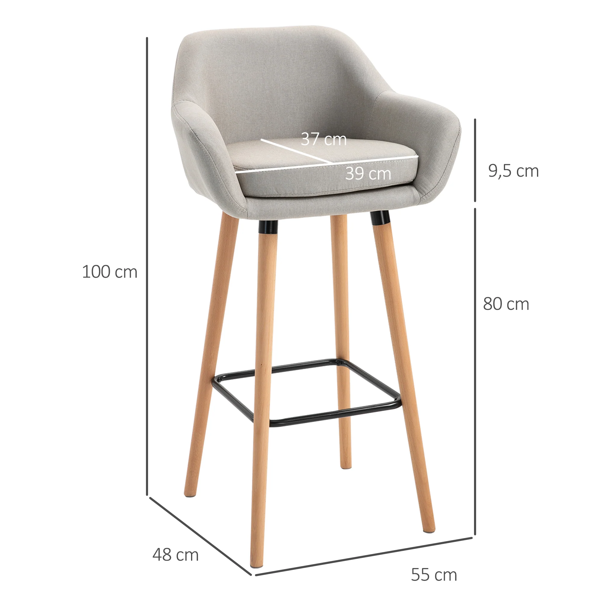 Tabourets de Bar Design scandinave - Lot de 2 tabourets de Bar Grand Confort avec Repose-Pieds et accoudoirs - Bois massif Lin Beige - Image 4