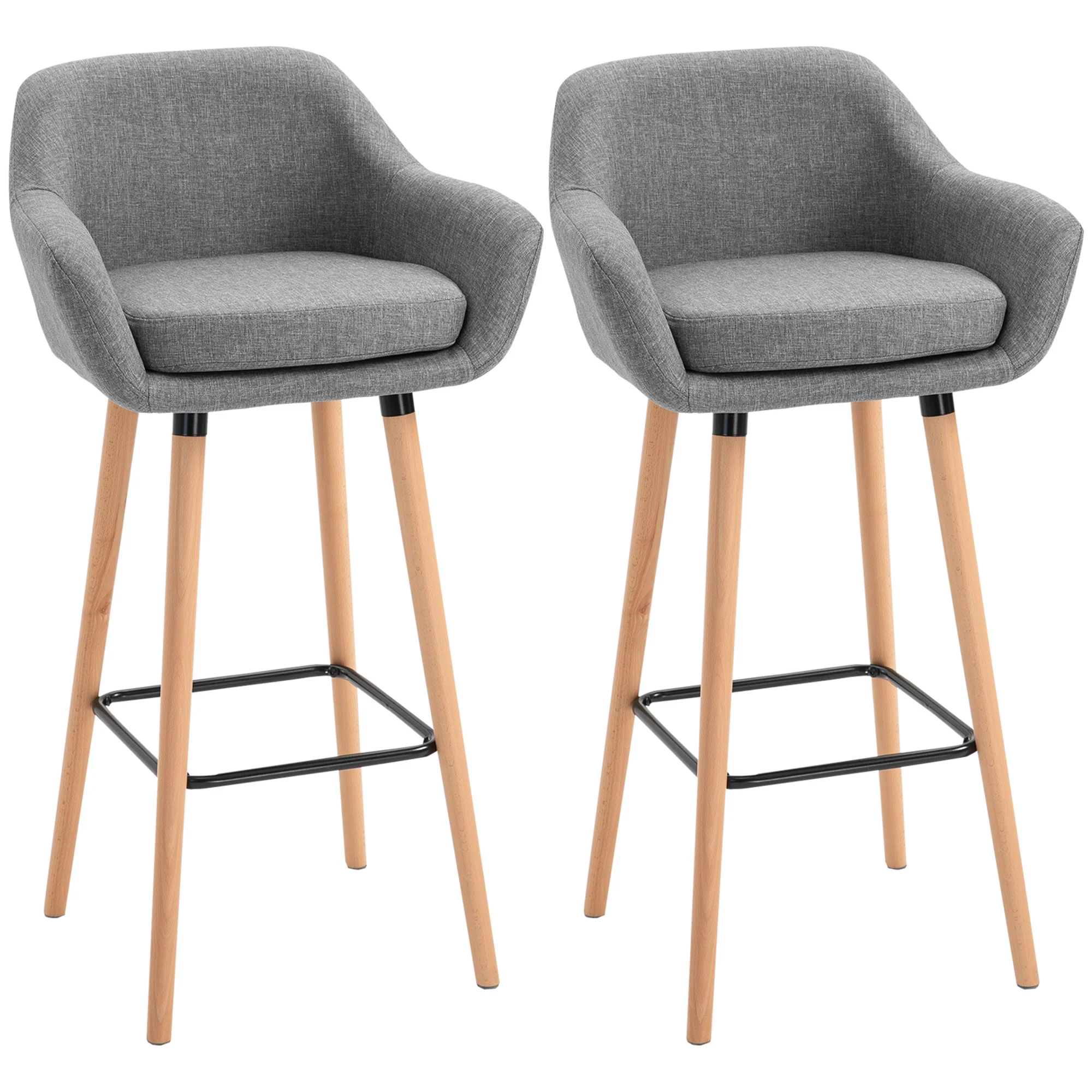 Tabourets de Bar Design scandinave - Lot de 2 tabourets de Bar Grand Confort avec Repose-Pieds et accoudoirs - Bois massif Lin Gris foncé - Image 2