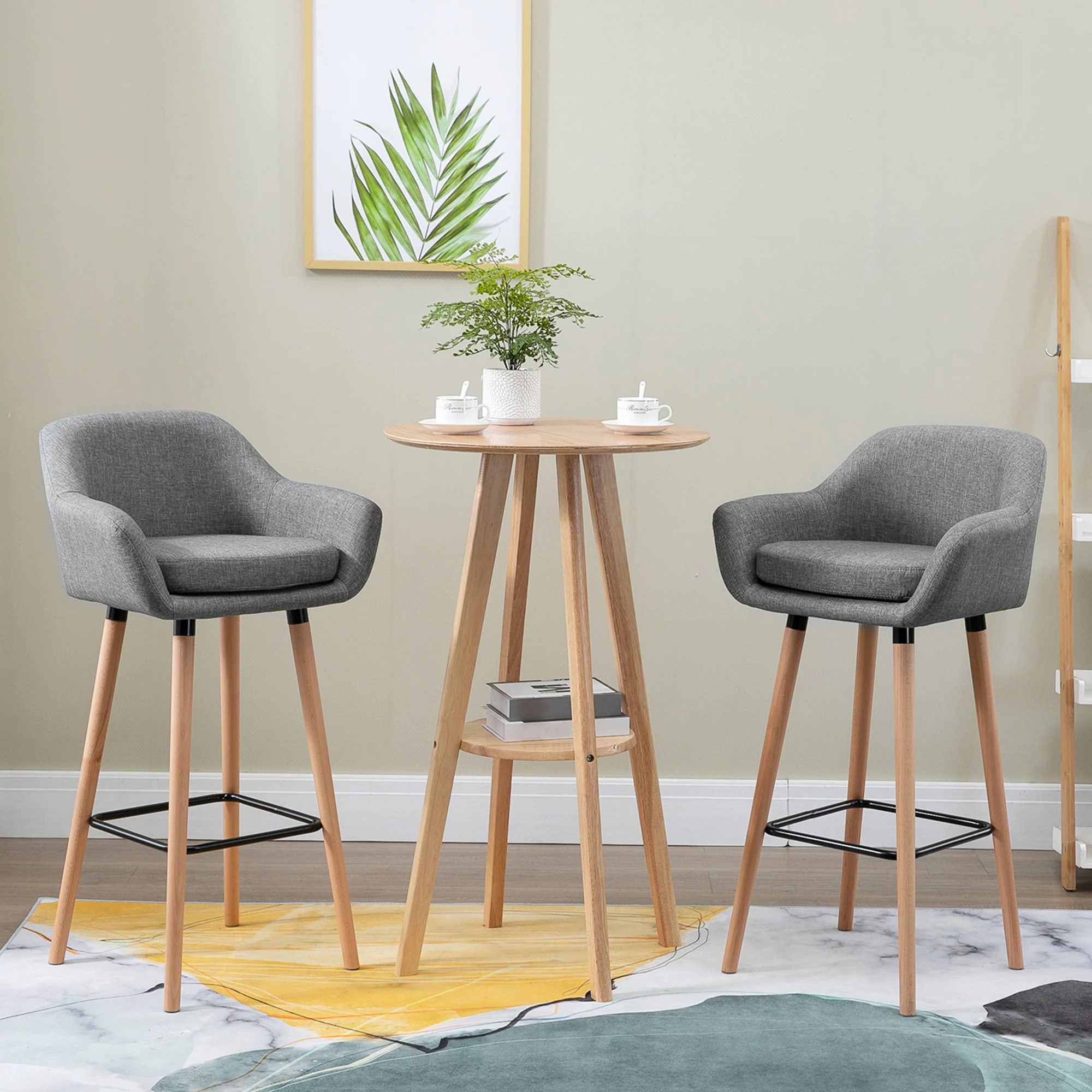 Tabourets de Bar Design scandinave - Lot de 2 tabourets de Bar Grand Confort avec Repose-Pieds et accoudoirs - Bois massif Lin Gris foncé - Image 3