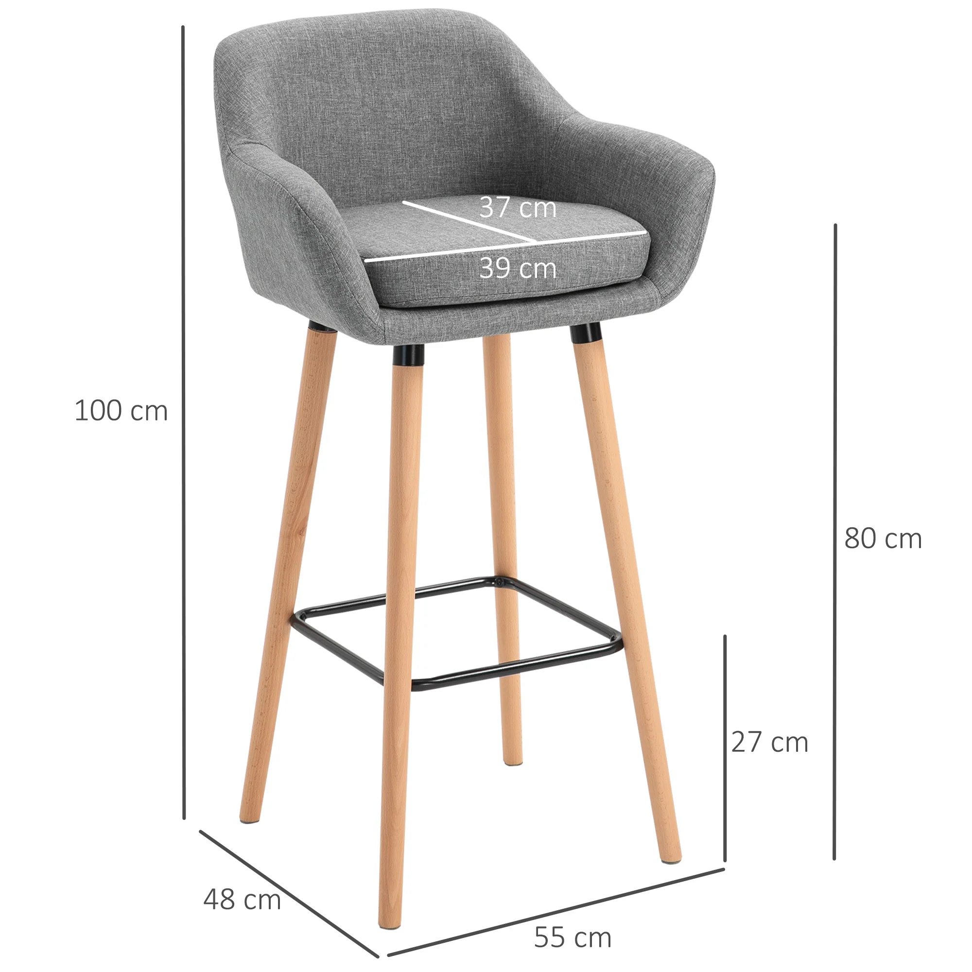 Tabourets de Bar Design scandinave - Lot de 2 tabourets de Bar Grand Confort avec Repose-Pieds et accoudoirs - Bois massif Lin Gris foncé - Image 4