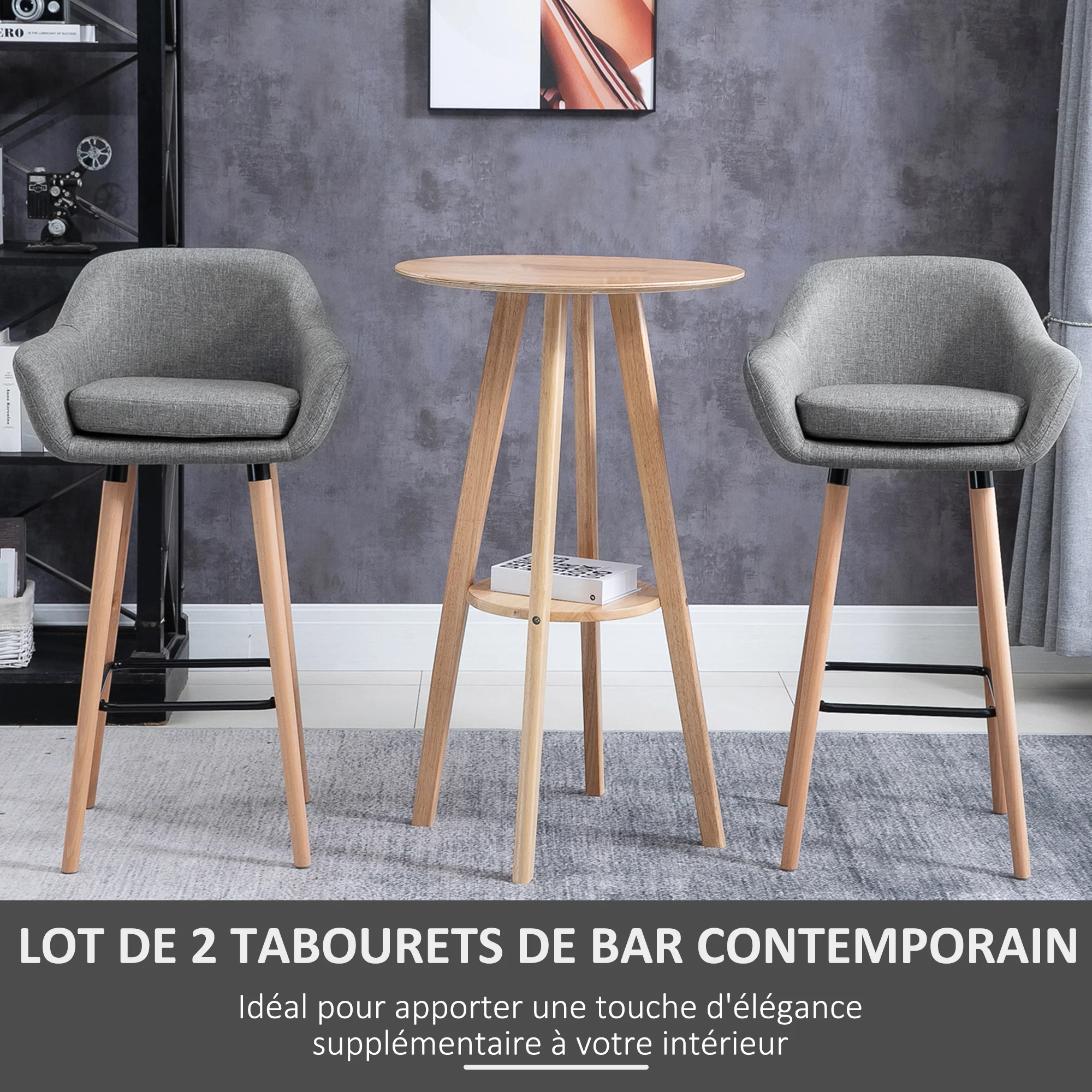 Tabourets de Bar Design scandinave - Lot de 2 tabourets de Bar Grand Confort avec Repose-Pieds et accoudoirs - Bois massif Lin Gris foncé - Image 5