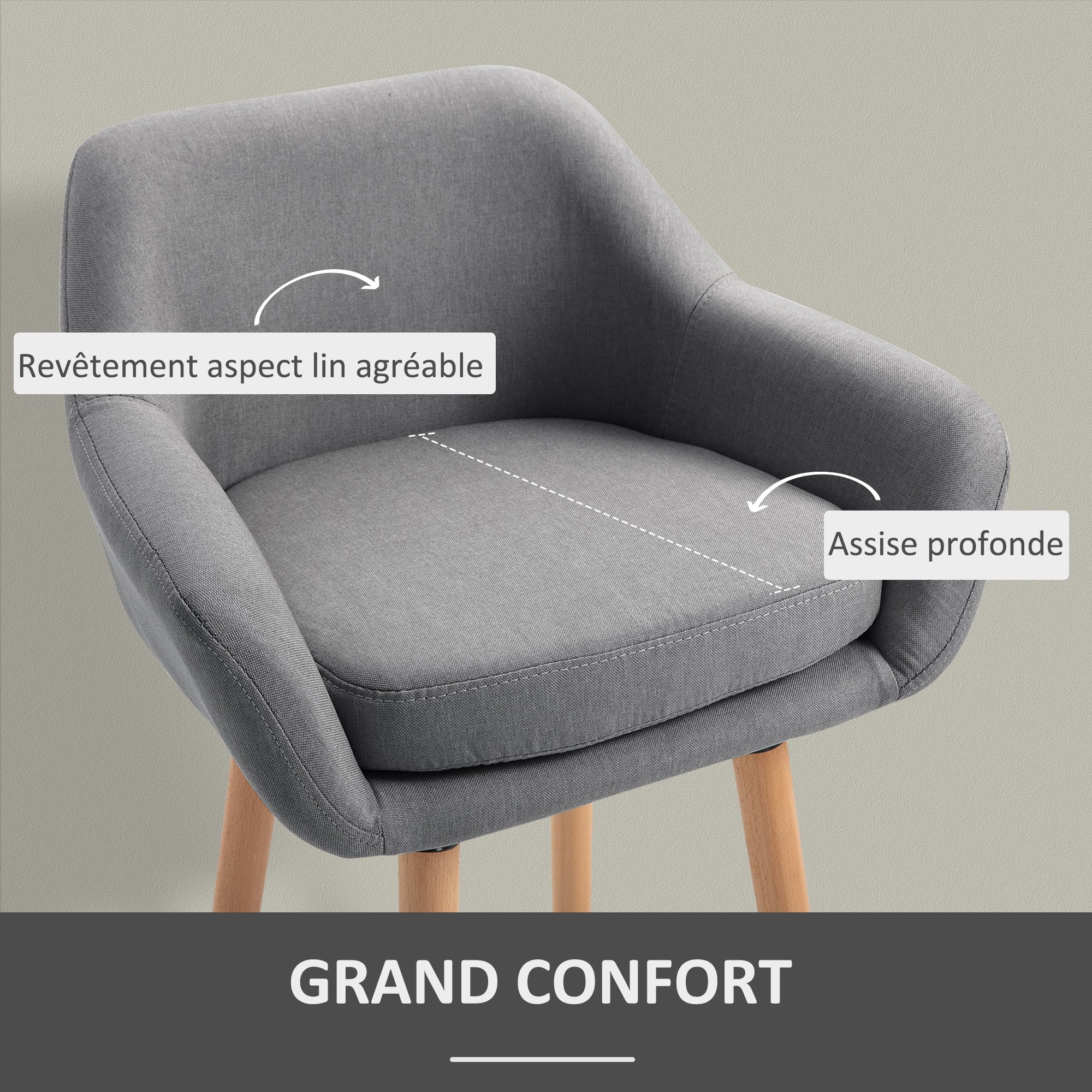 Tabourets de Bar Design scandinave - Lot de 2 tabourets de Bar Grand Confort avec Repose-Pieds et accoudoirs - Bois massif Lin Gris foncé - Image 6